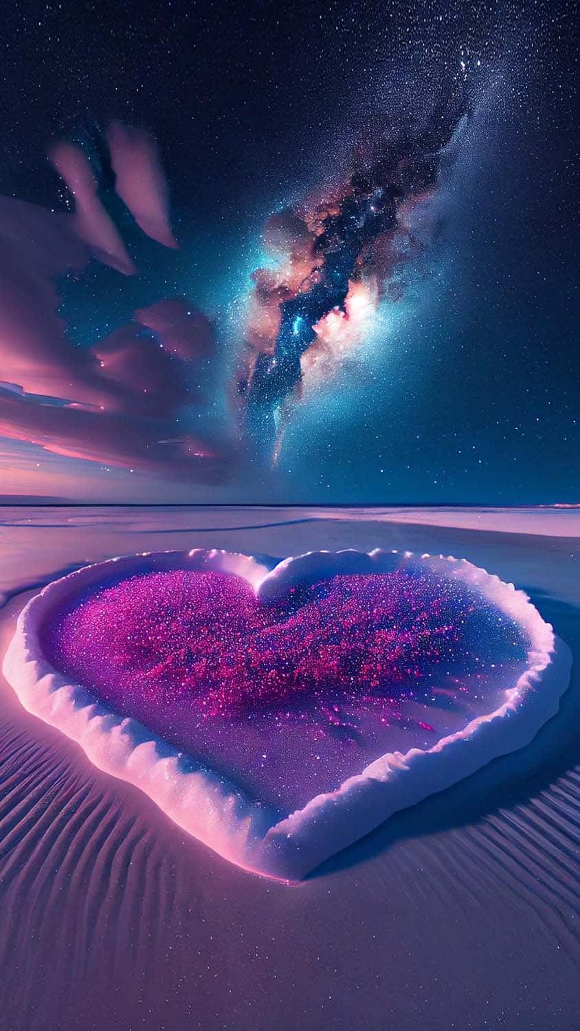 Cuore luminoso su spiaggia notturna, 844x1500 Full HD Verticale, iPhone