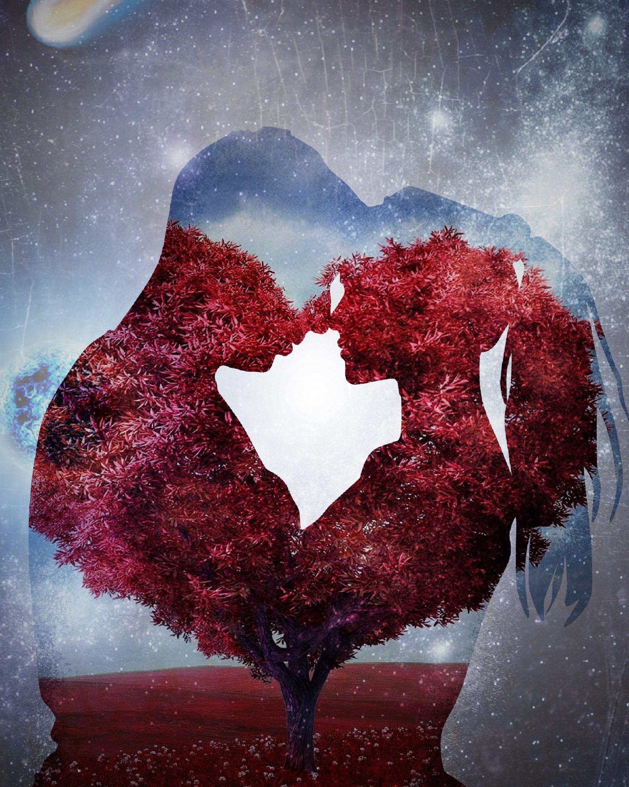 Coppia silhouette albero cuore rosso, 2048x2560 Full HD Verticale, Smartphone