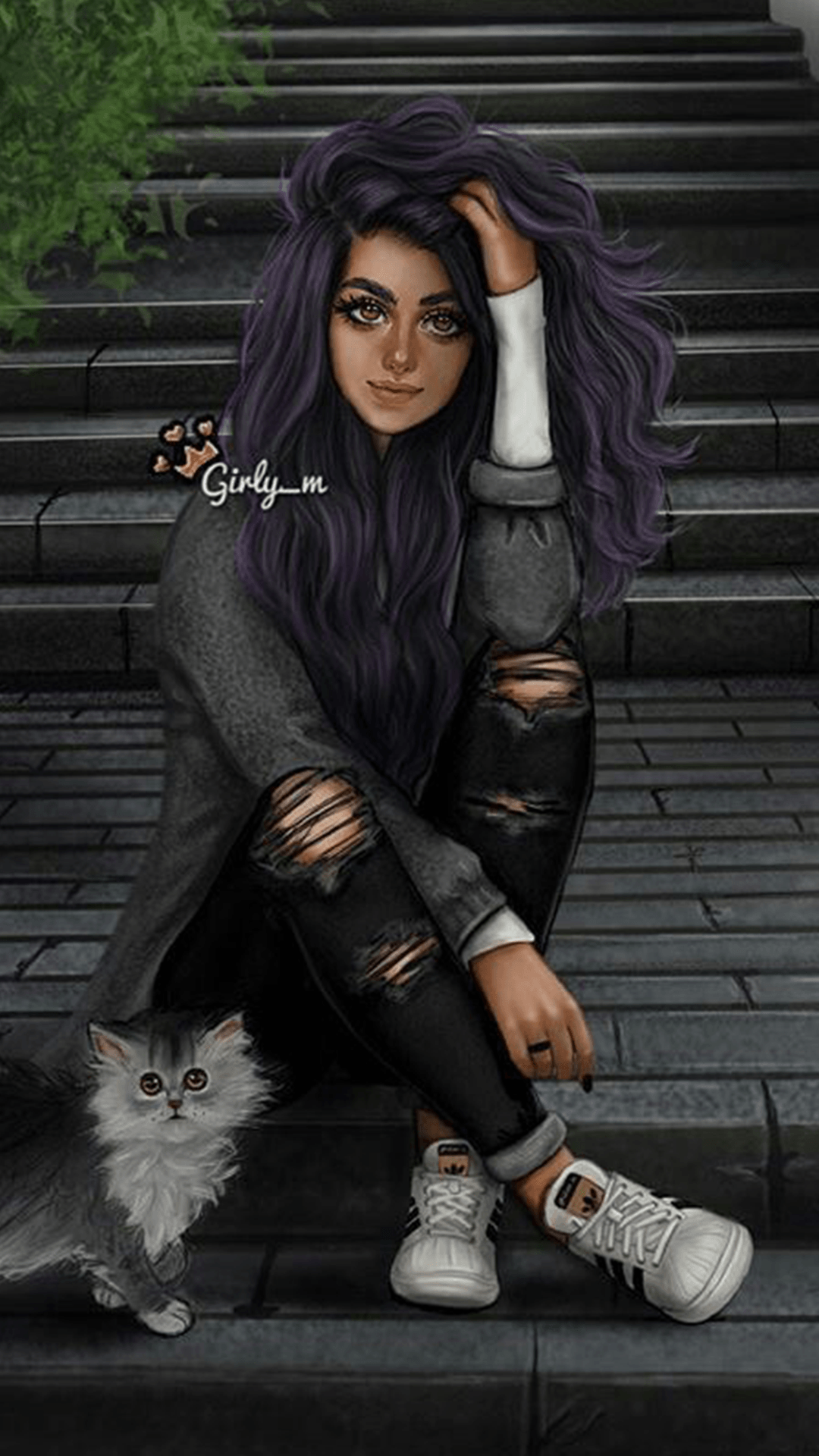 Ragazza capelli viola con gatto, 1080x1920 Verticale, Mobile