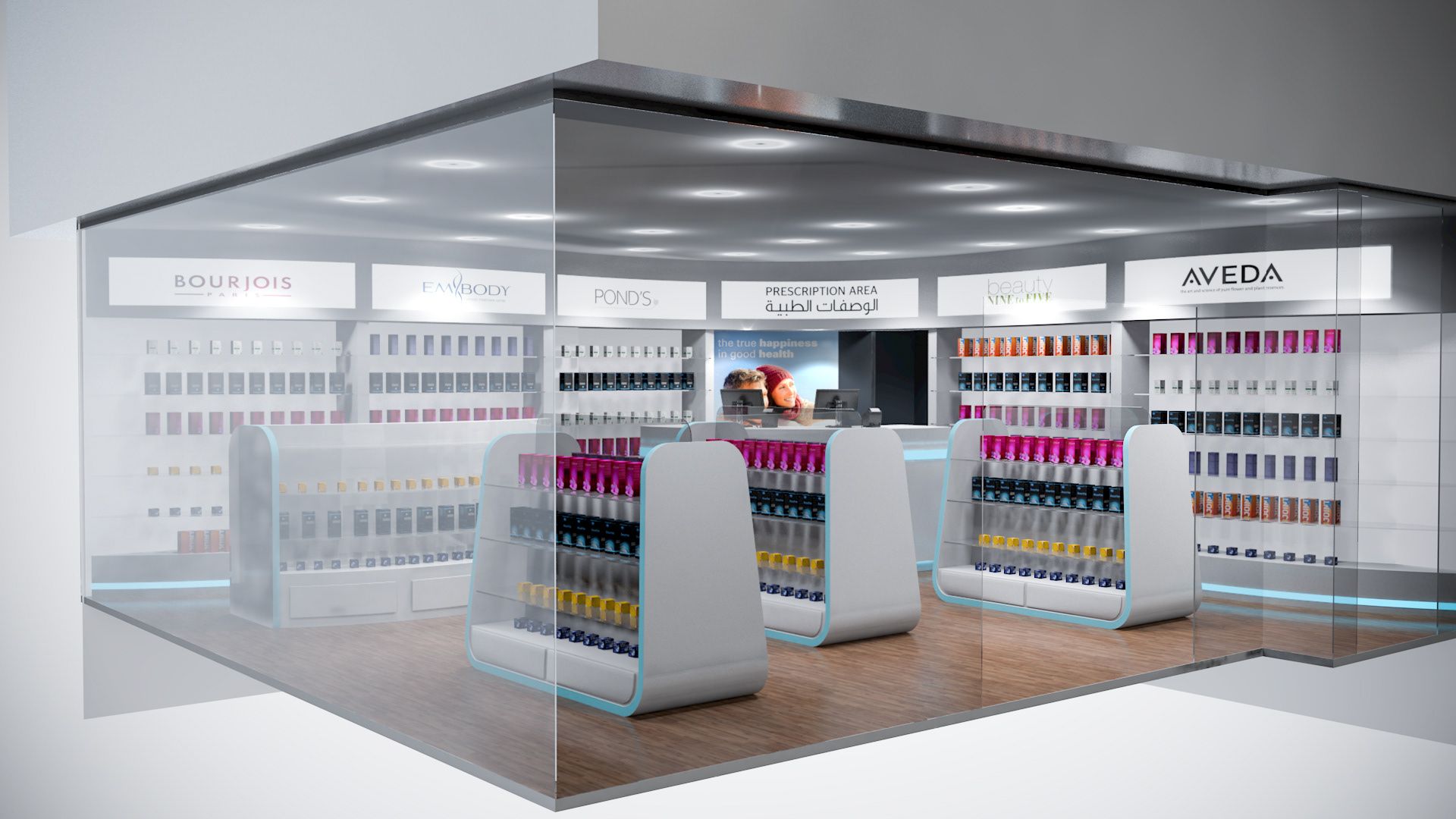 Rendering 3D interno farmacia, 1920x1080 Full HD, Desktop