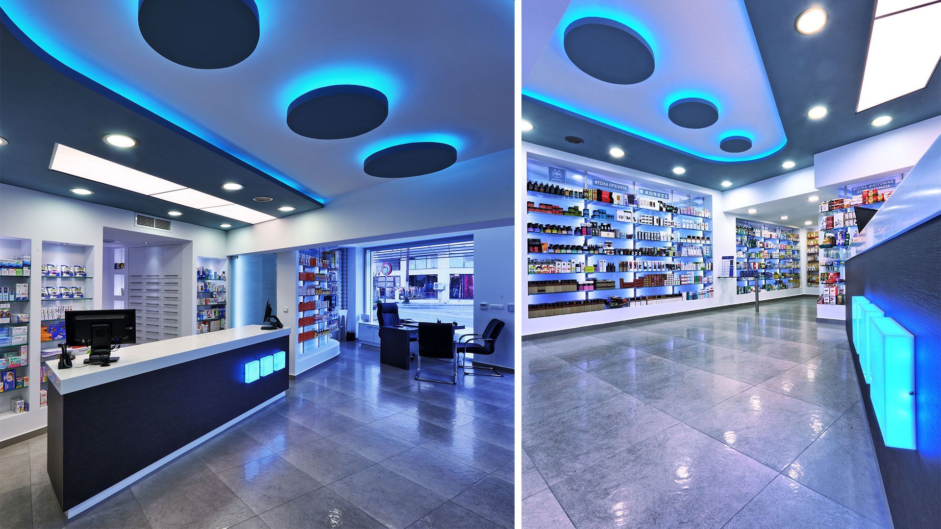 Interno farmacia moderna illuminazione blu, 1920x1080 Full HD, PC Desktop