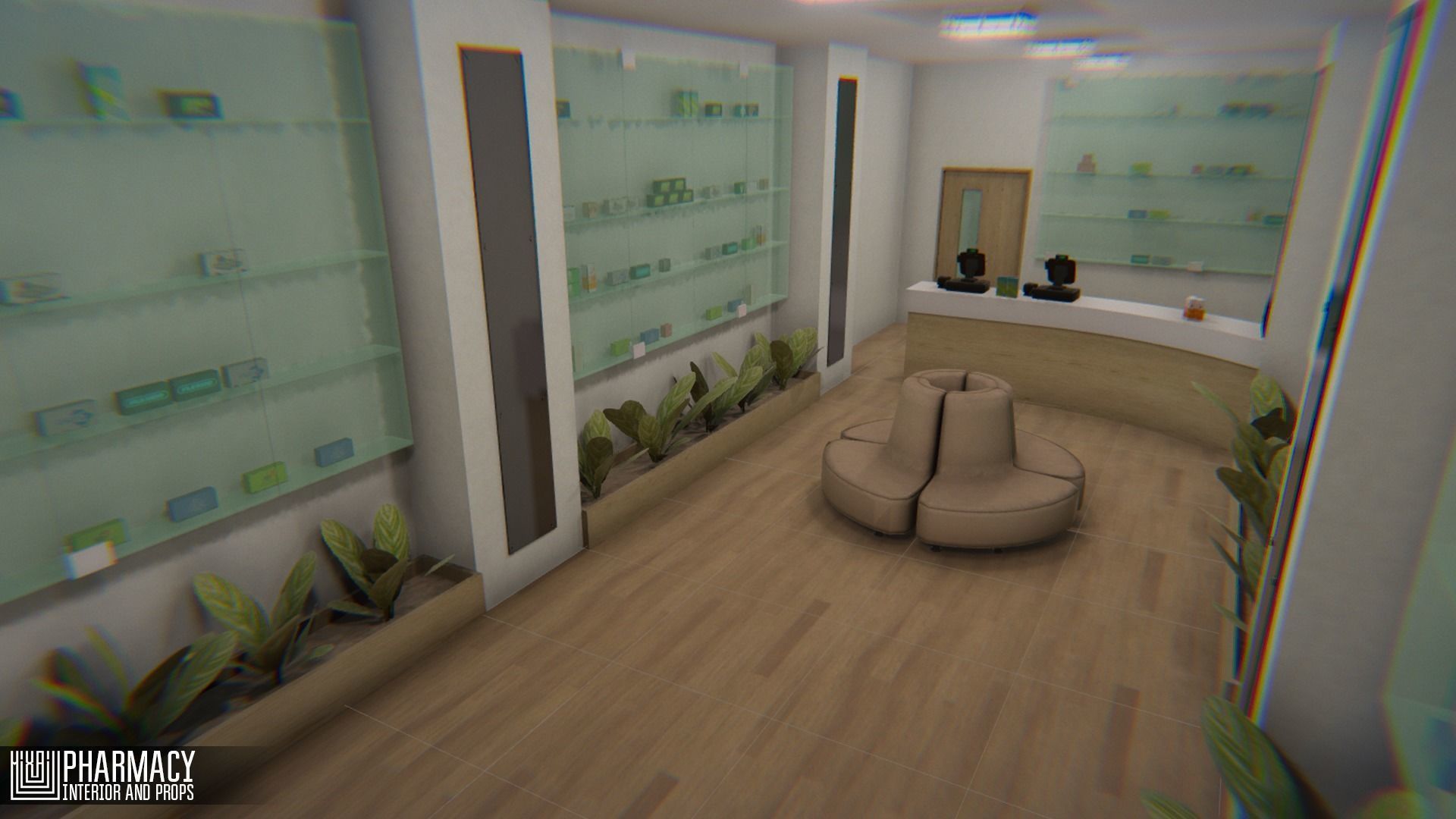 Interno farmacia ospedaliera moderna, 2048x1536 2K, PC