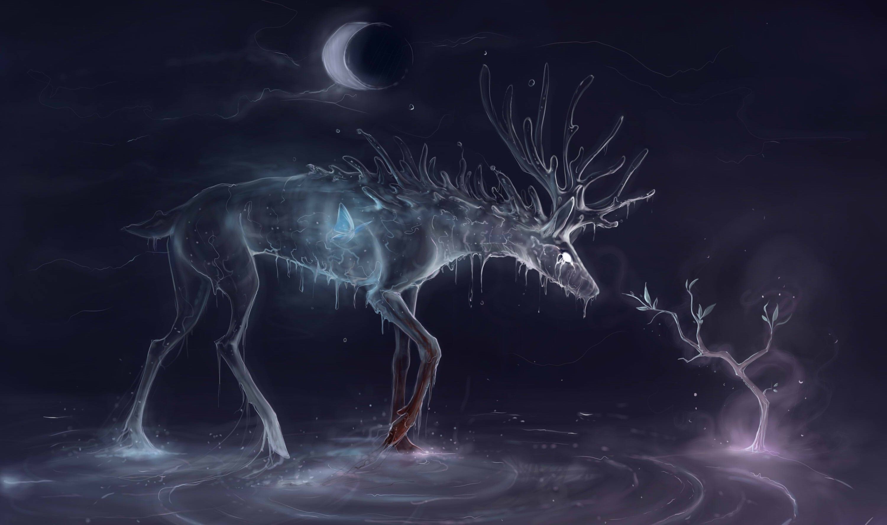 Cervo fantasy astratto notturno, 3000x1778 2K, Laptop