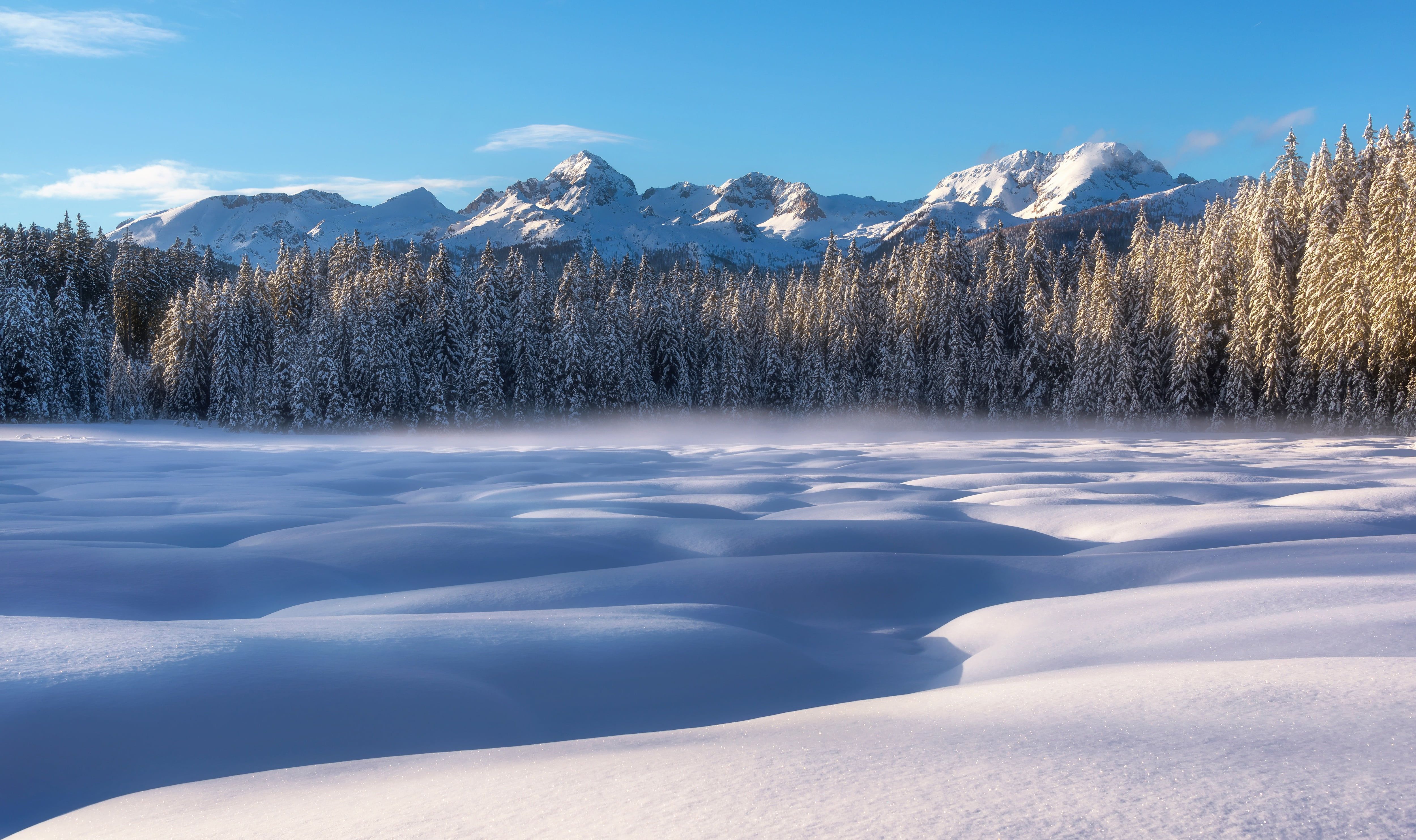 Paesaggio innevato con montagne e foresta, 5000x2969 4K, Desktop 4K