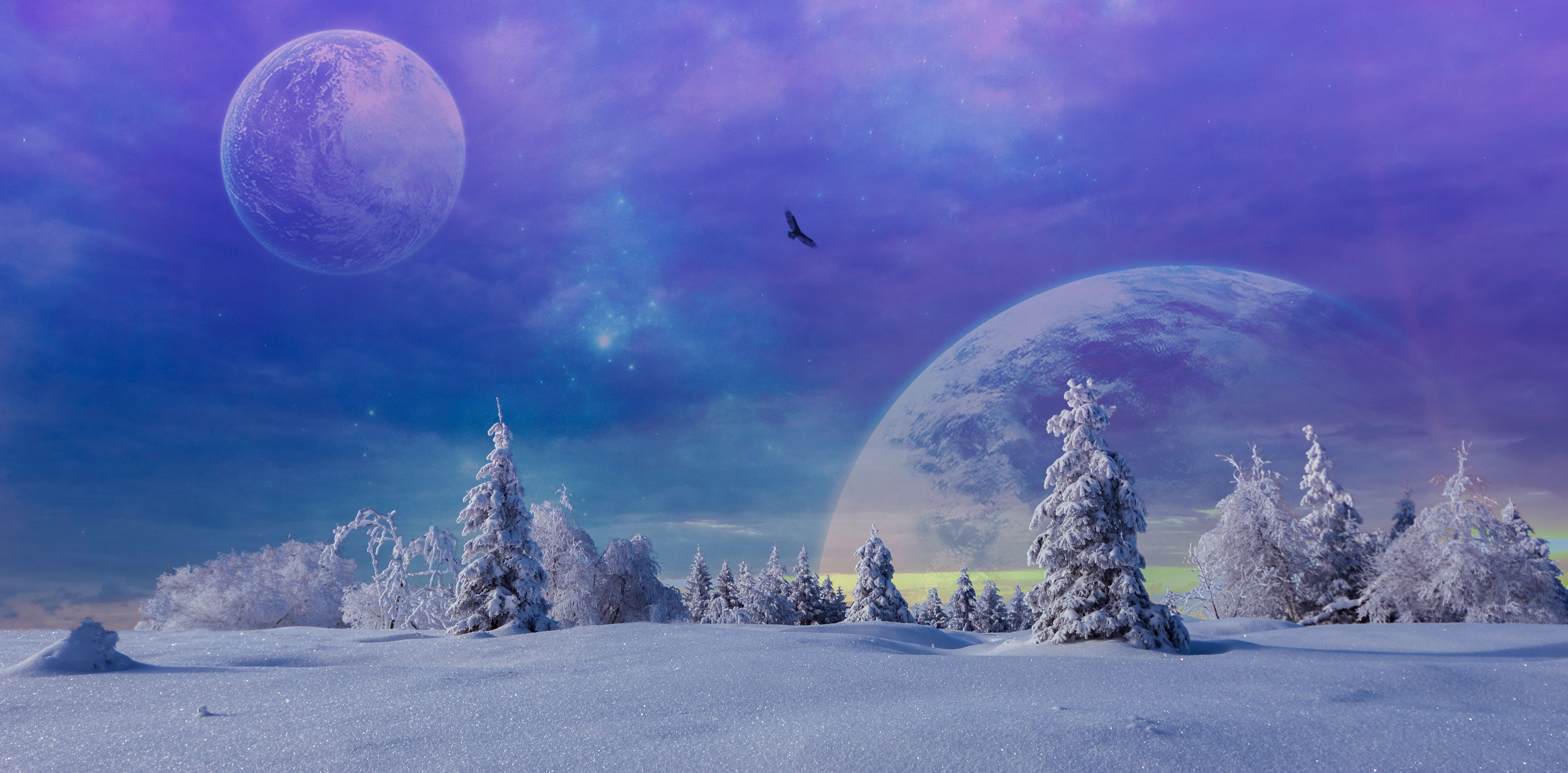 Paesaggio invernale fantasy con pianeti, 6000x2958 4K, Desktop 4K