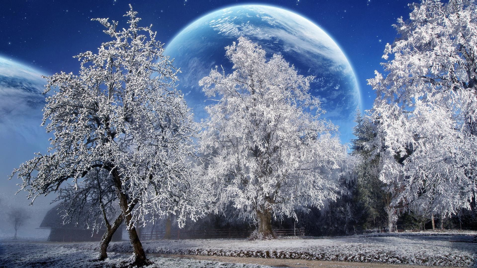 Alberi innevati con pianeta fantasy, 1920x1080 Full HD, Monitor Gaming