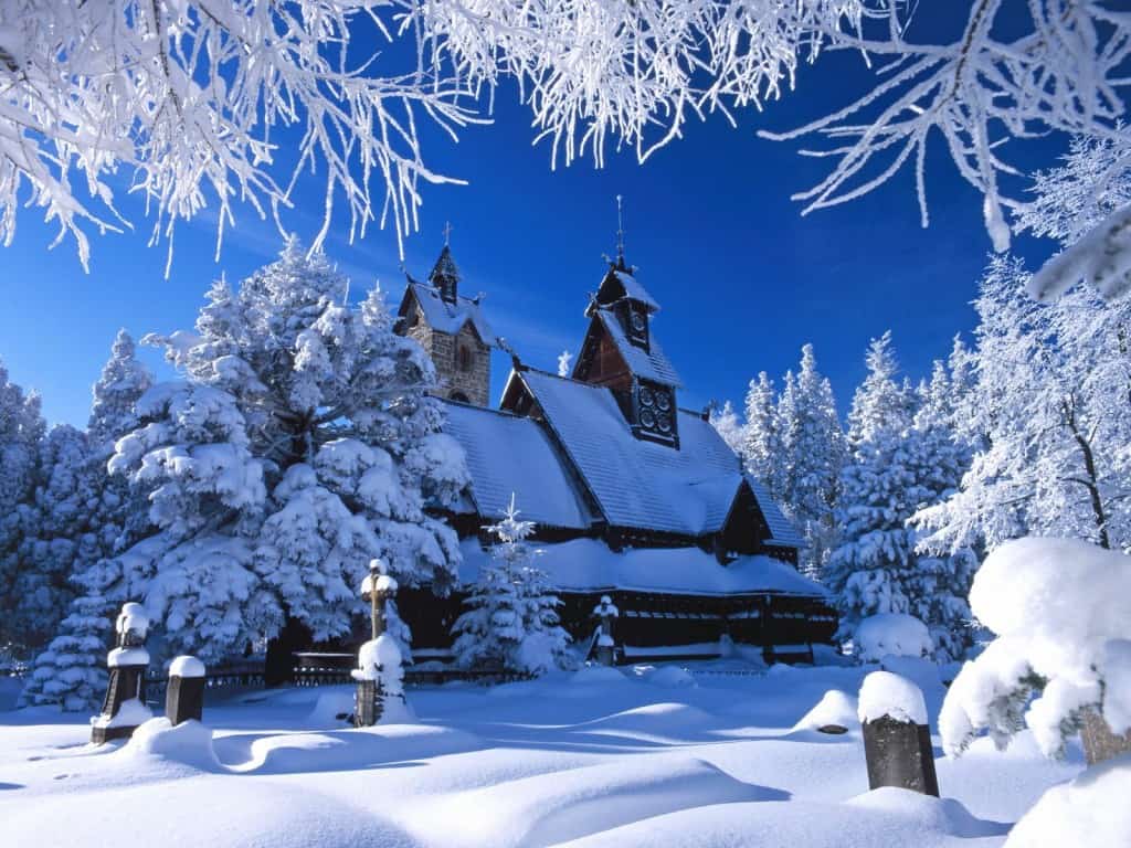 Chiesa in legno innevata, 1024x768 HD, PC