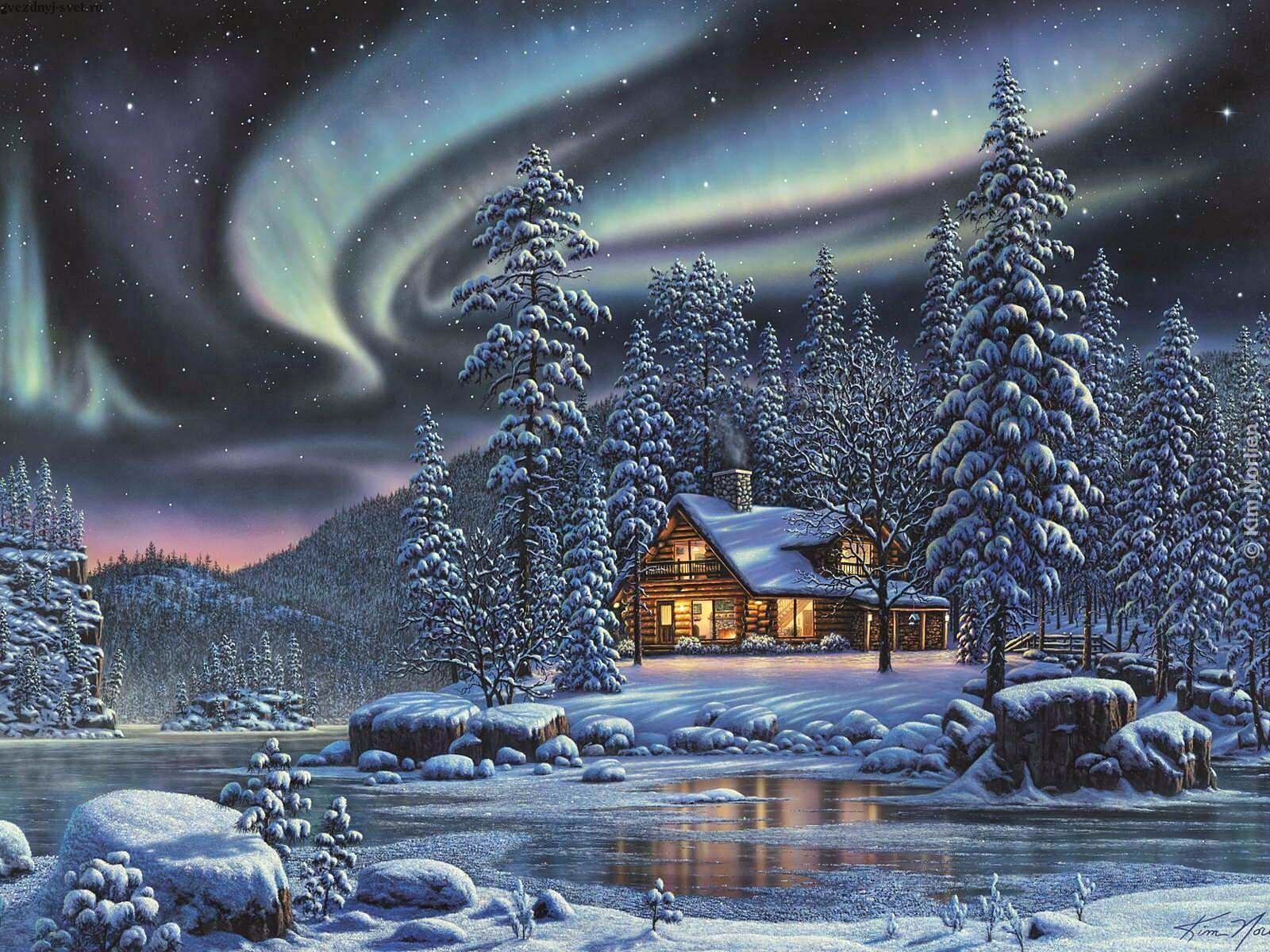 Capanna innevata con aurora boreale, 1600x1200 HD Ready, PC
