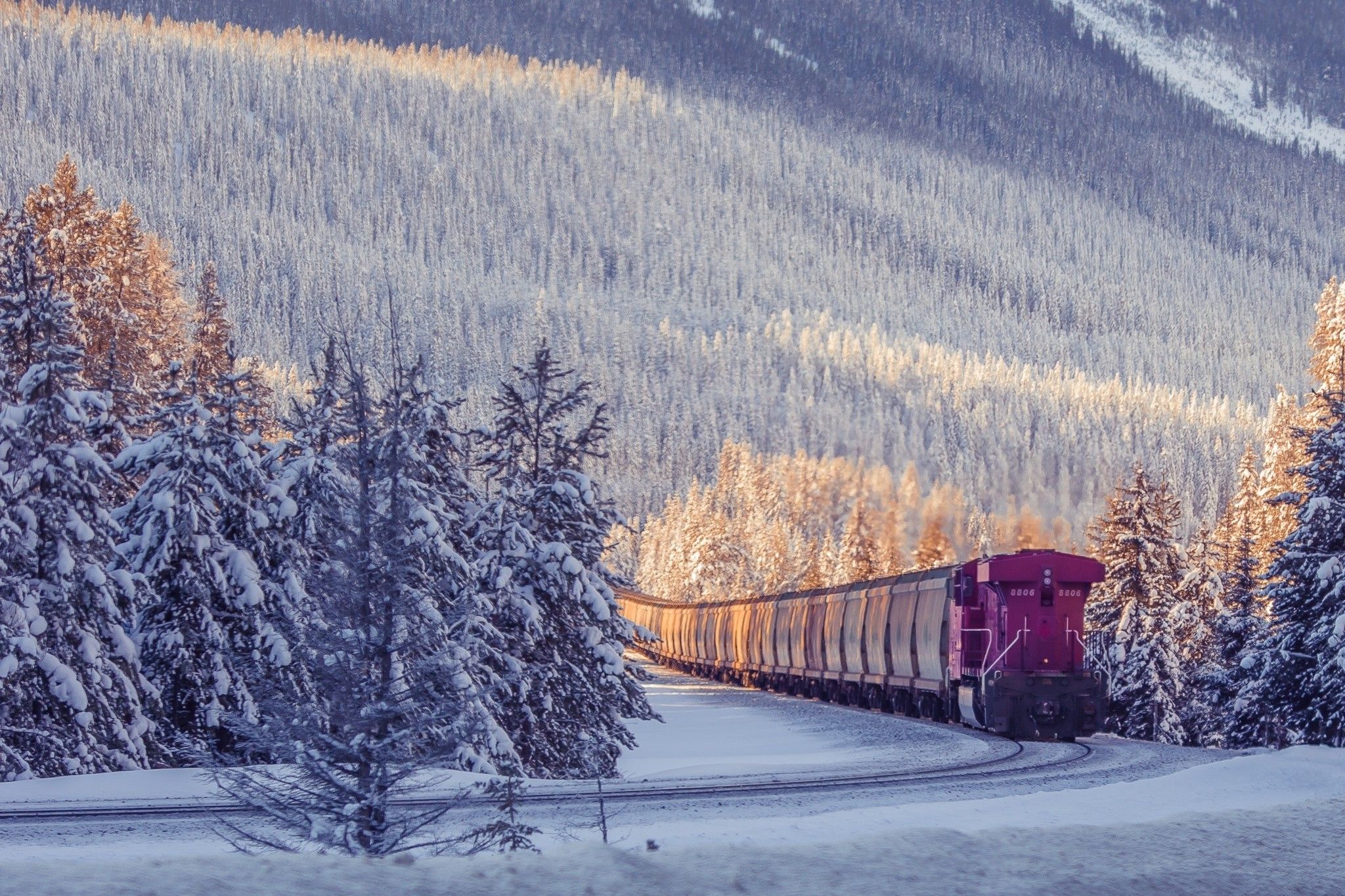 Treno merci tra montagne innevate, 2048x1365 alta risoluzione, Laptop