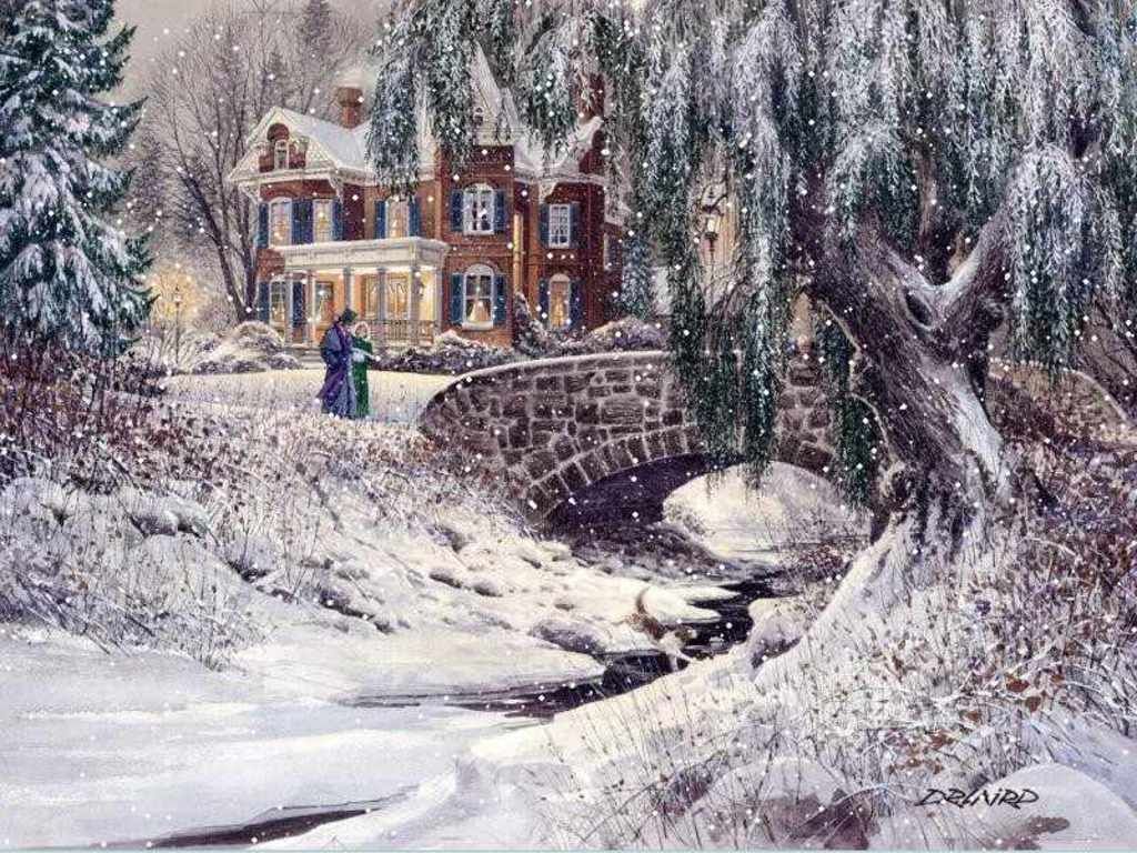 Casa vittoriana con ponte innevato, 1024x768 HD, Laptop