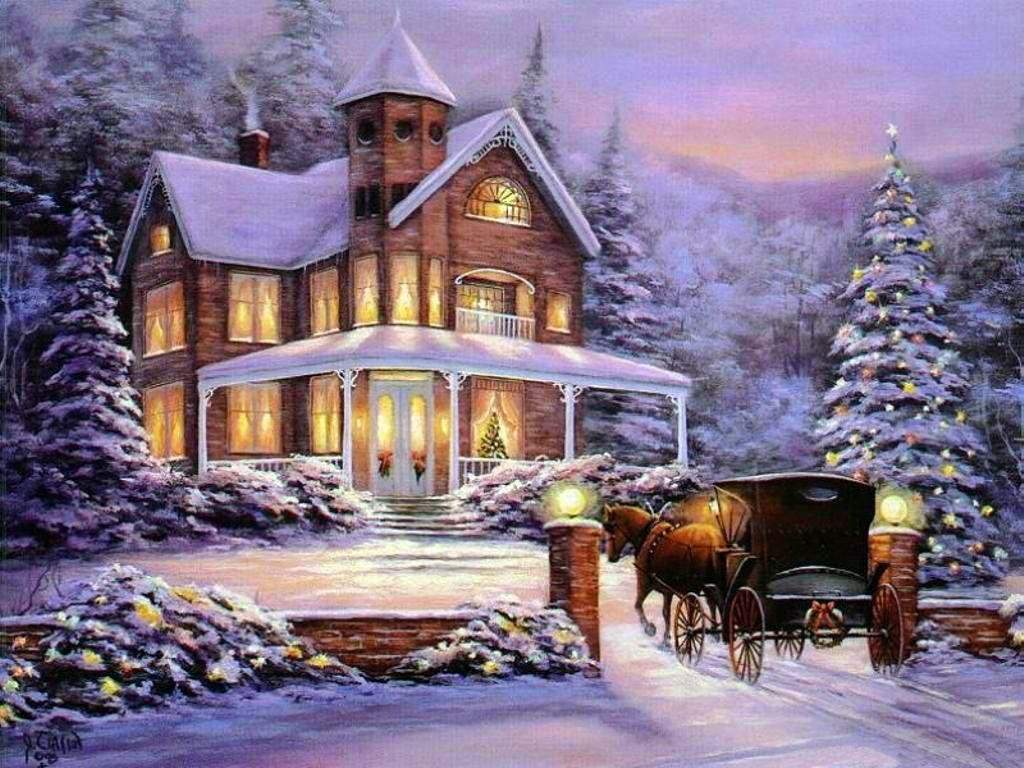 Casa vittoriana innevata con carrozza, 1024x768 HD, Desktop