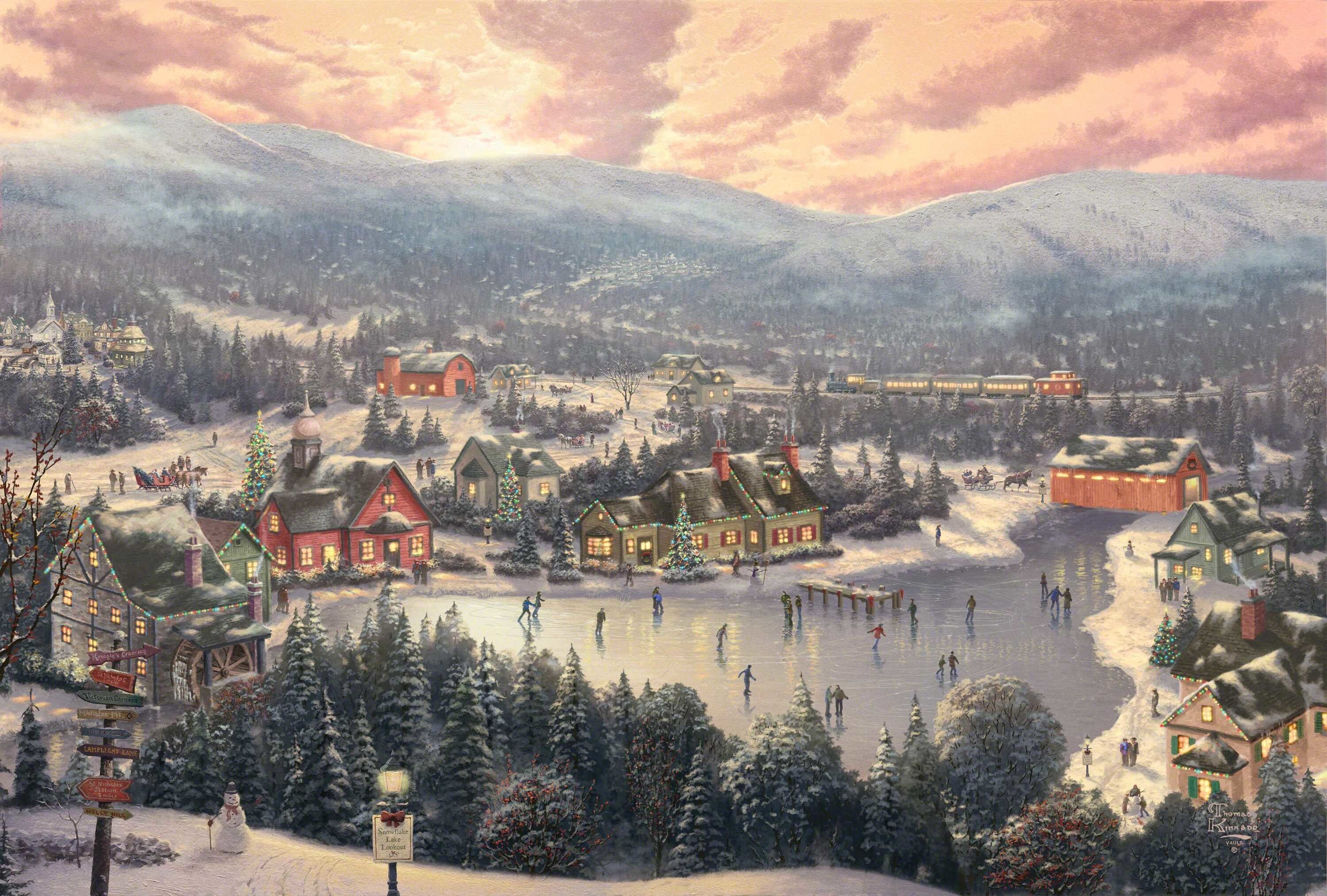 Villaggio invernale dipinto Kinkade, 3000x2027 2K, Monitor Gaming
