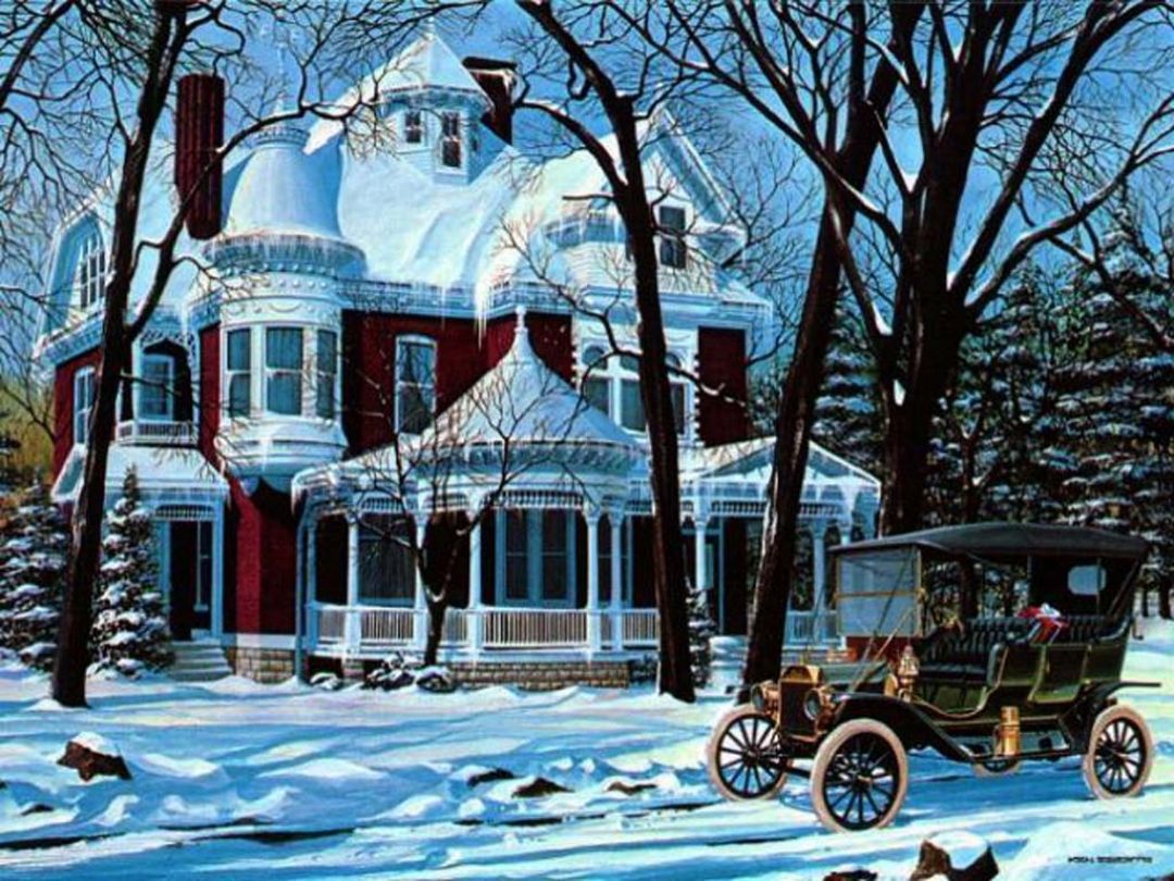 Casa vittoriana innevata con auto d'epoca, 1080x810 HD, Desktop