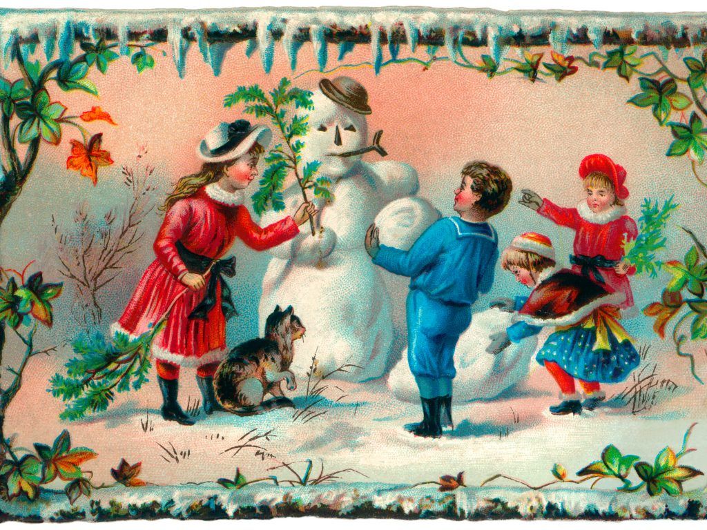 Bambini vittoriani costruiscono pupazzo neve, 1024x768 HD, Desktop
