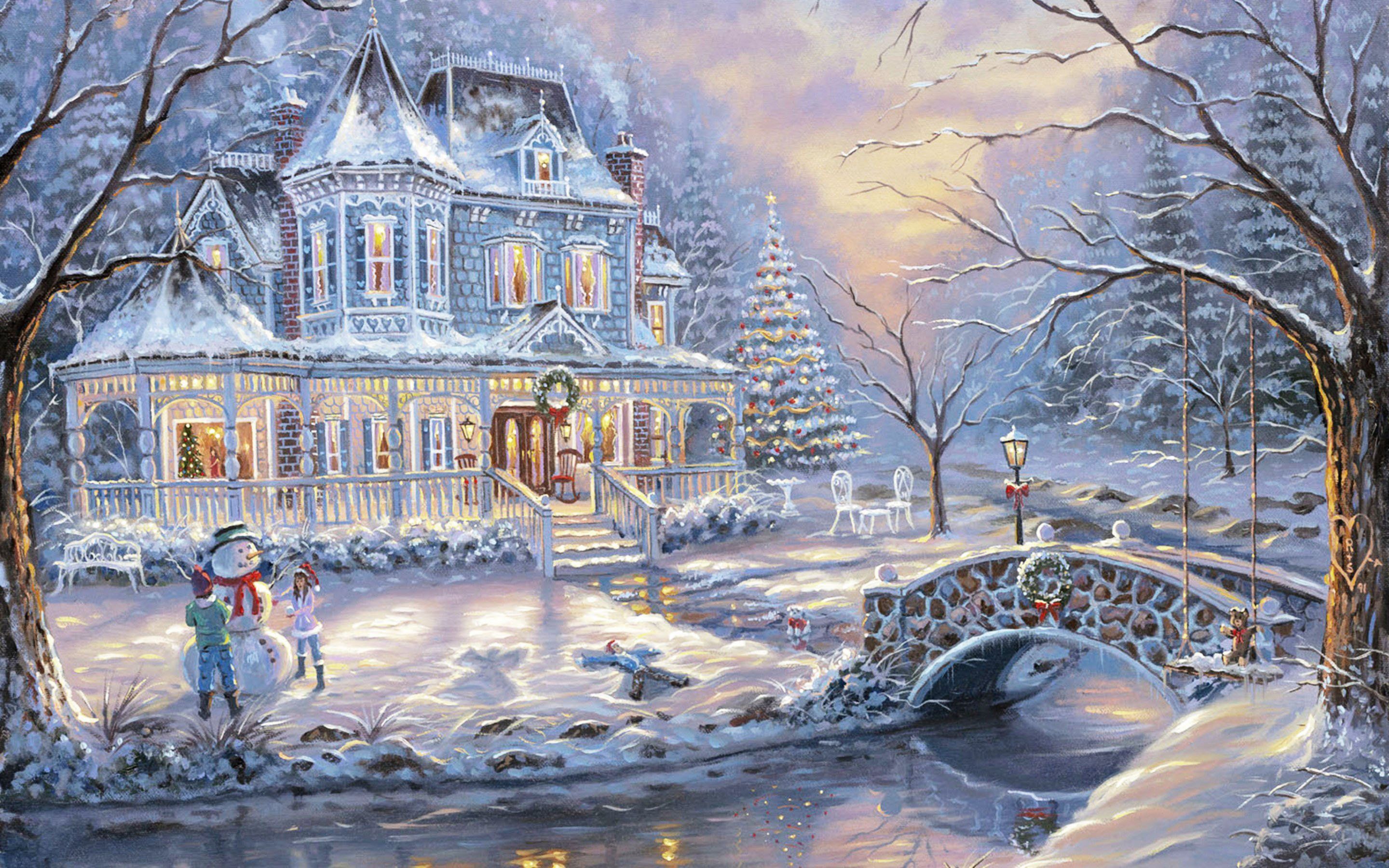 Casa vittoriana natalizia innevata, 2880x1800 2K, Desktop
