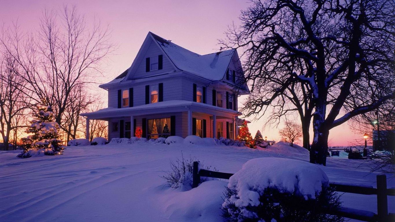 Casa vittoriana innevata al tramonto, 1365x768 720p, iMac