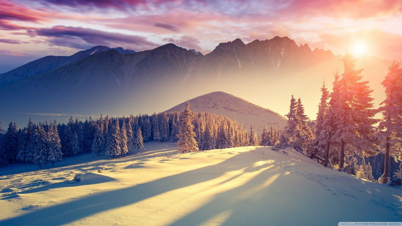 Montagne innevate al tramonto, 1366x768 720p, Monitor Gaming