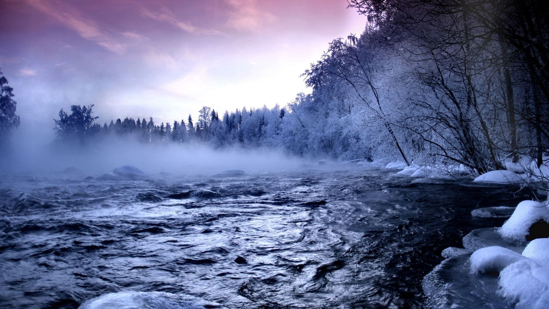 Fiume invernale con nebbia, 1920x1080 1080p, Desktop