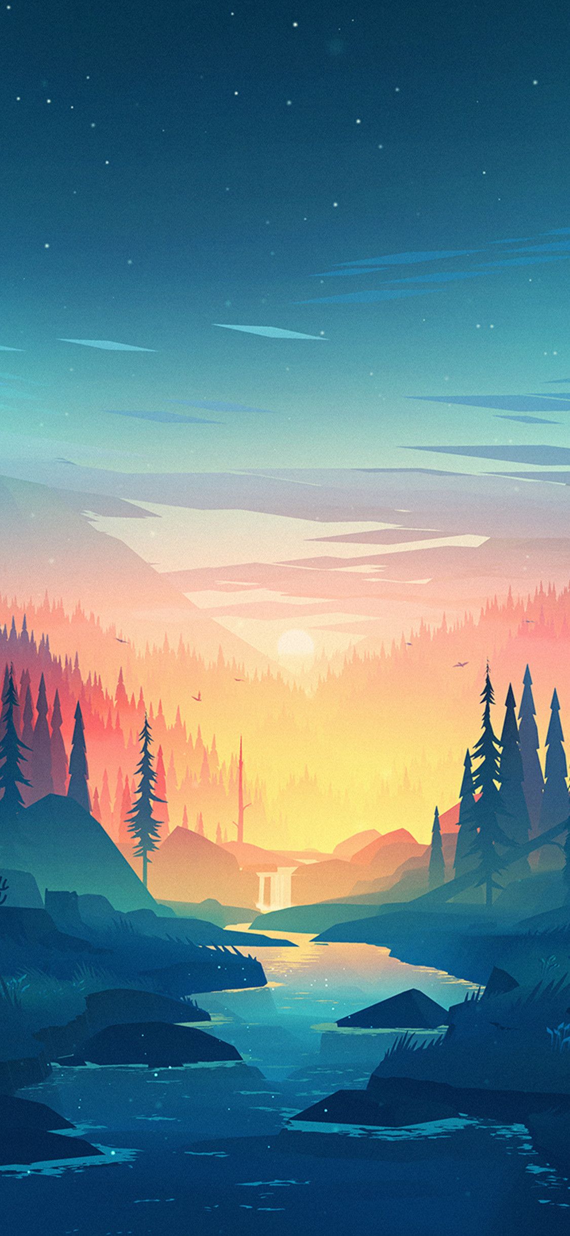 Foresta tramonto illustrazione, sfondi iPhone, 1125x2436 Full HD Verticale, iPhone