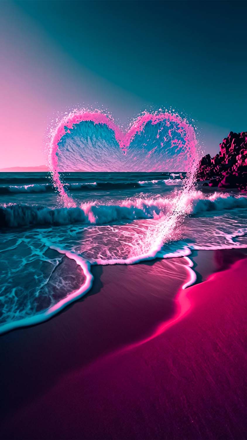 Cuore luminoso onde spiaggia, sfondi 4K, 844x1500 Verticale, iPhone Plus
