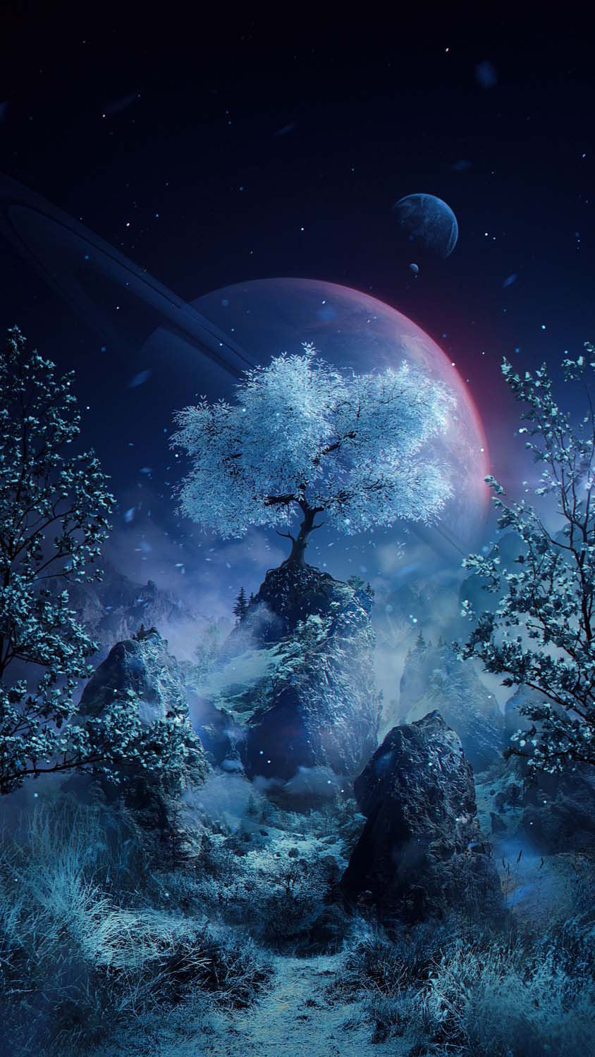 Albero fantasy con pianeti notturni, sfondi 4K, 844x1500 Verticale, iPhone Air