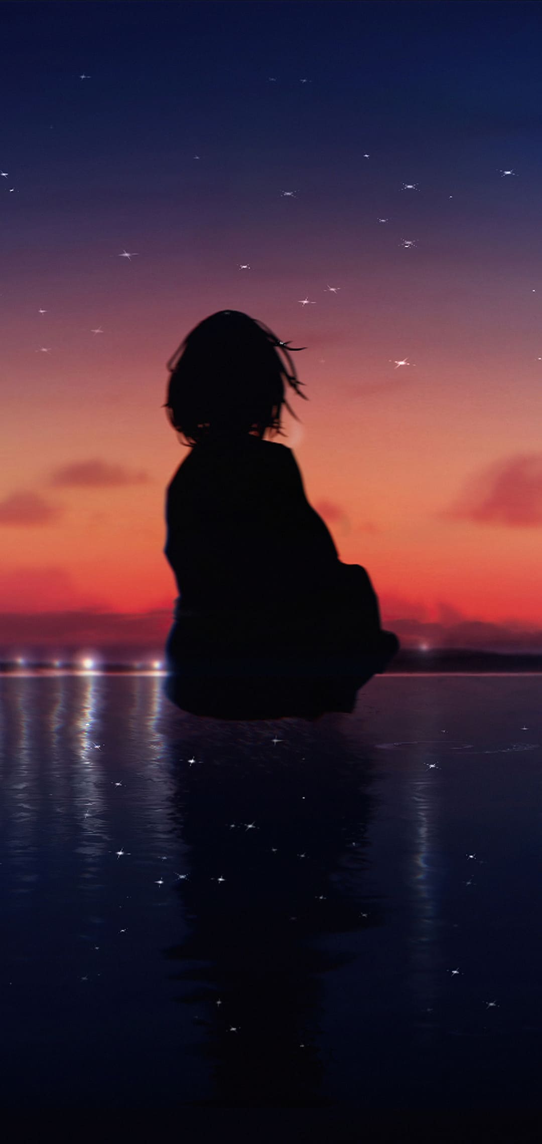 Silhouette persona tramonto stellato, sfondi 4K, 1080x2280 Full HD Verticale, iPhone Plus
