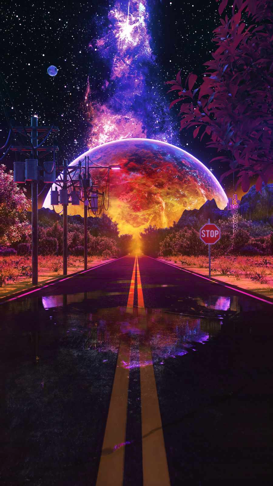Strada surreale con esplosione cosmica, sfondi 4K, 900x1600 Full HD Verticale, iPhone Pro