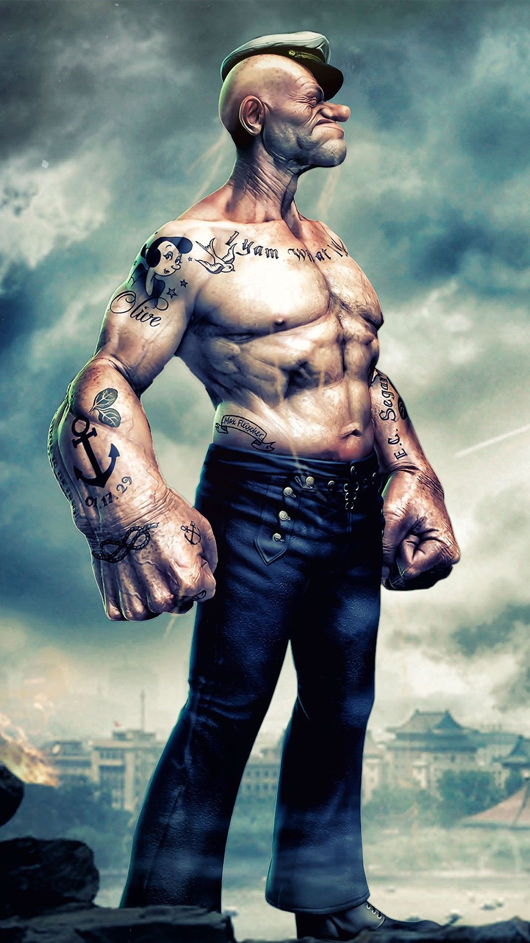 Braccio di Ferro realistico tatuato, Popeye, 1080x1920 Verticale, iPhone Air