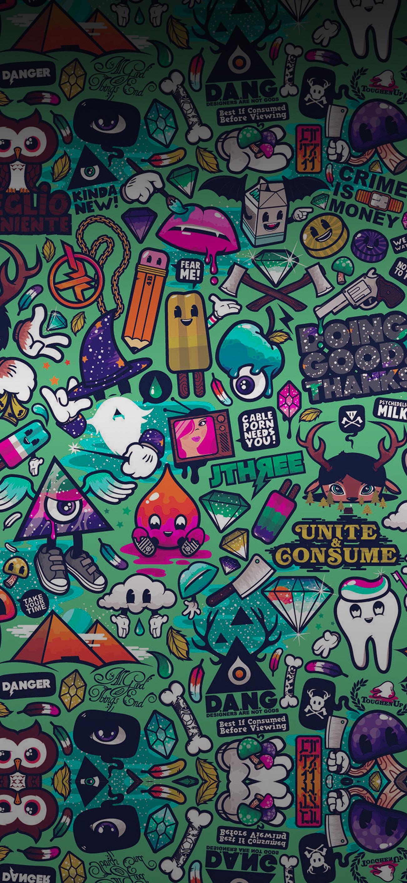 sticker bomb collage colorato, 1301x2820 Verticale, iPhone Plus