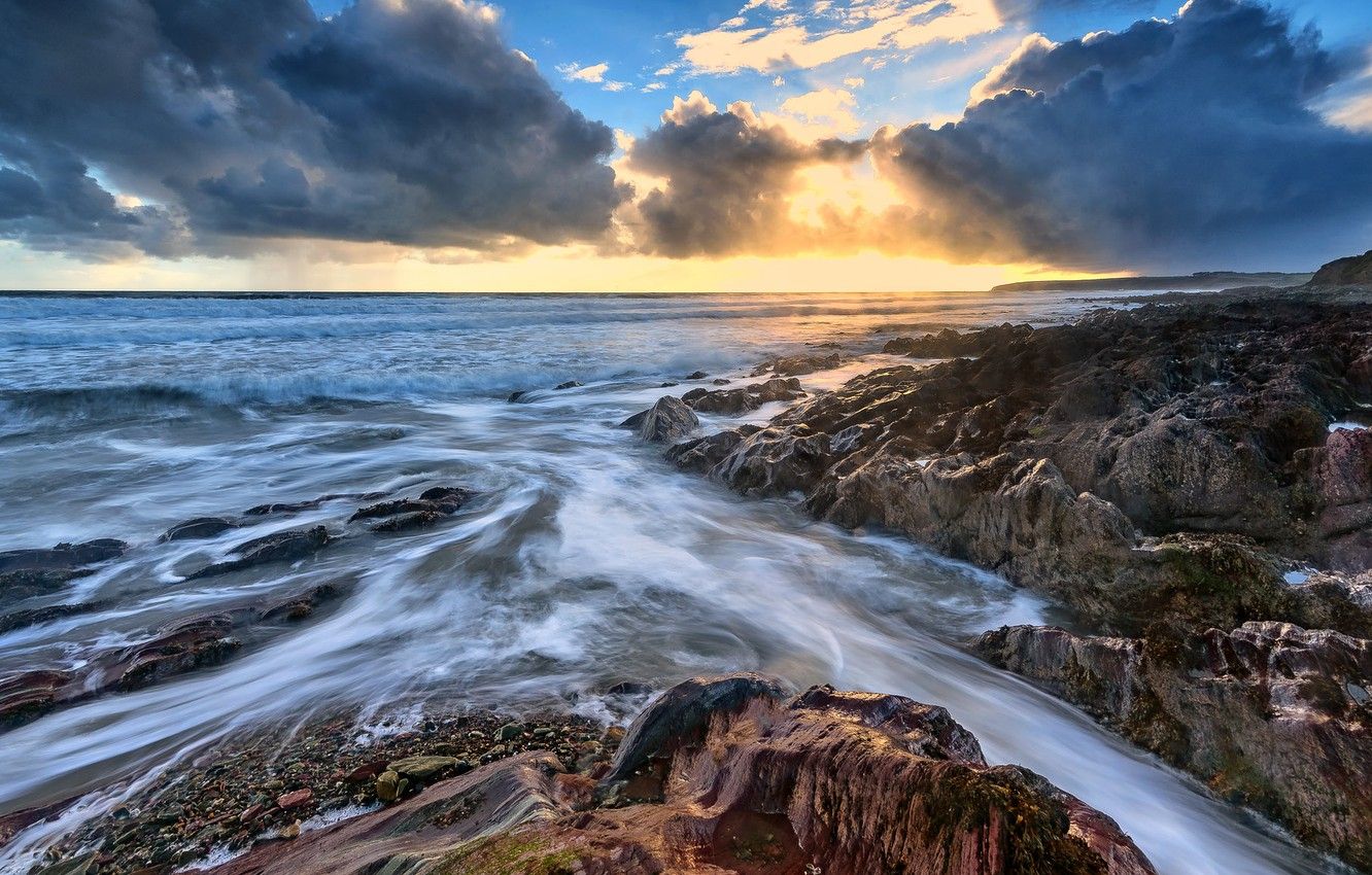 Costa rocciosa irlandese al tramonto, 1332x850 HD, Desktop