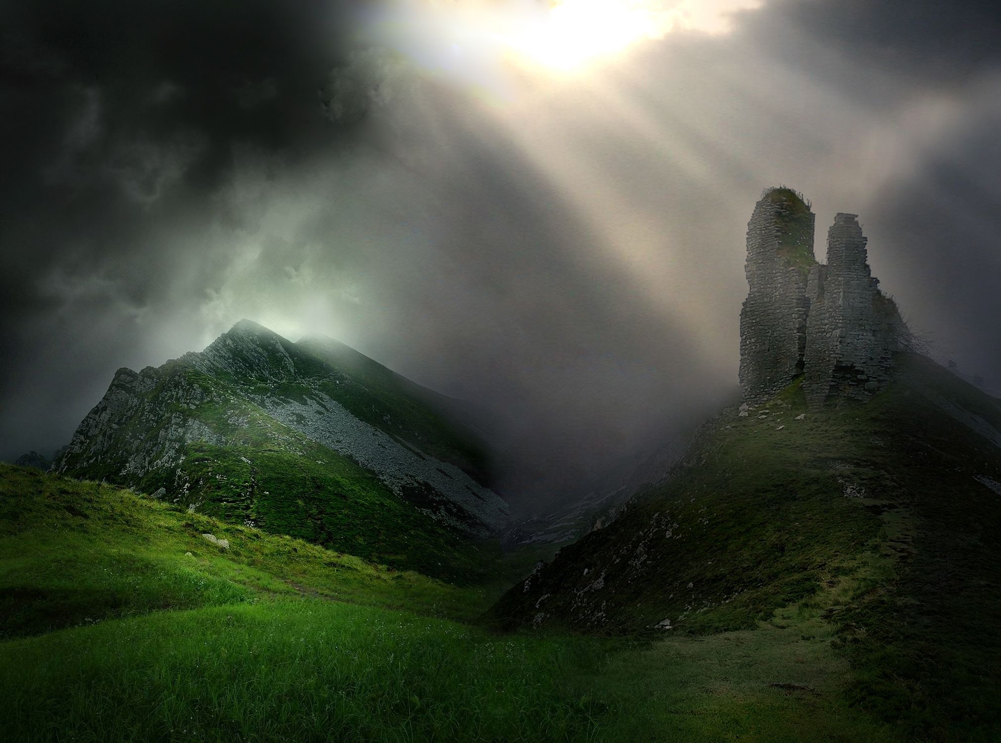 Colline verdi e rovine nella nebbia, 2022x1501 2K, iMac
