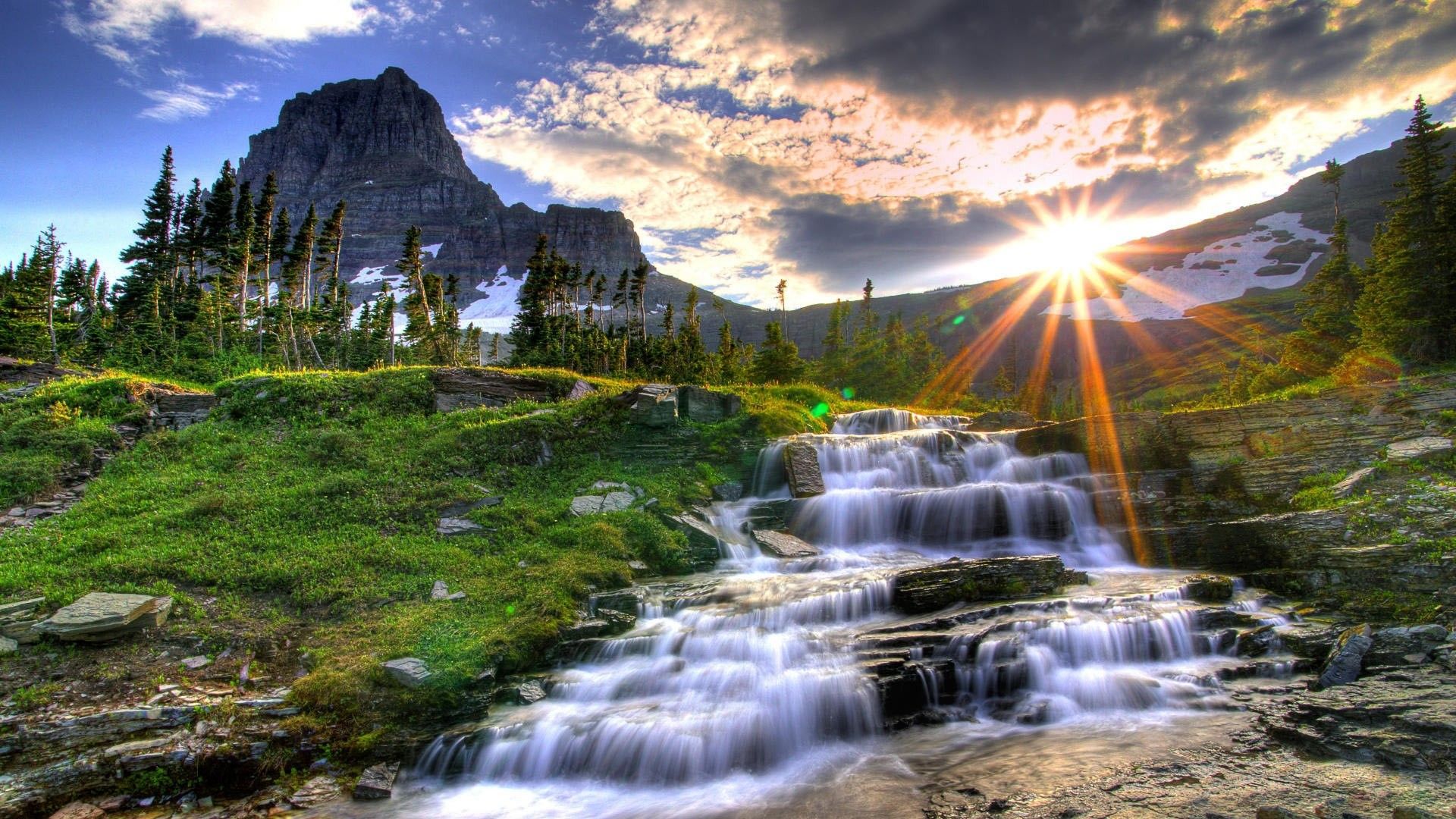 Cascata montana con tramonto, 1920x1080 1080p, Desktop