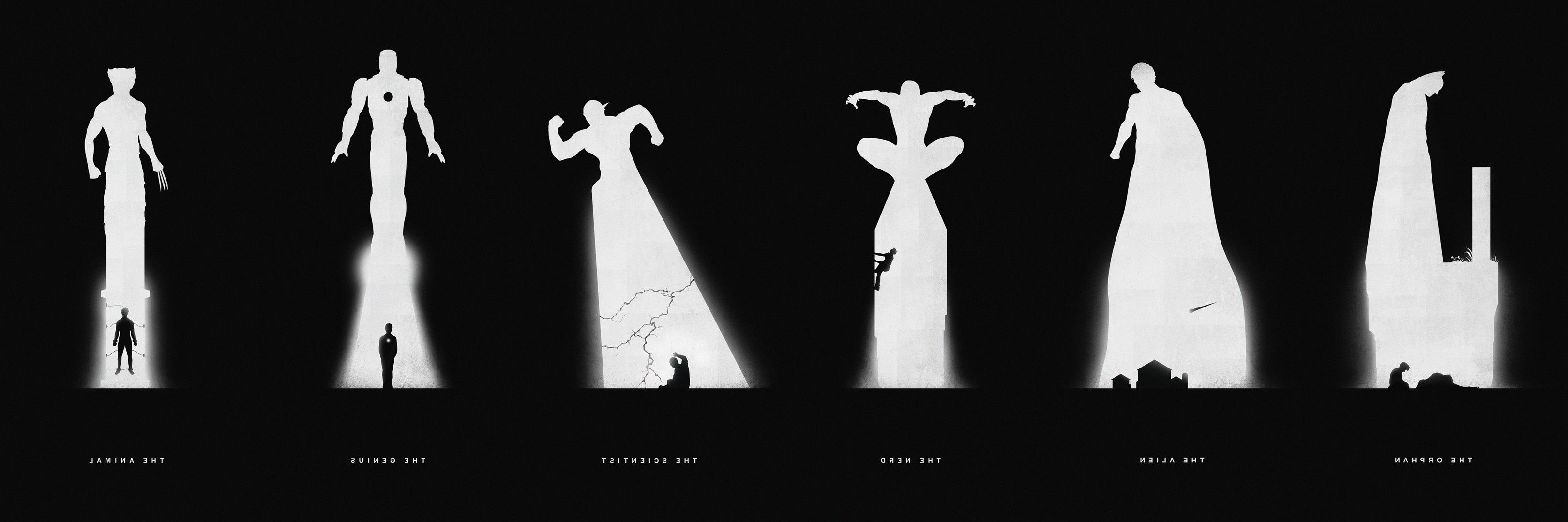 Silhouette supereroi Marvel bianco nero, MCU, 3240x1078 21:9, Ultrawide