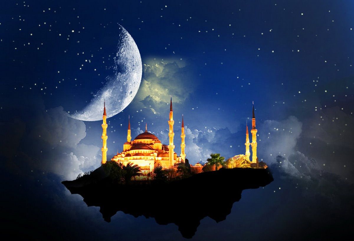 Moschea fluttuante notte con luna, 1200x816 HD, Desktop
