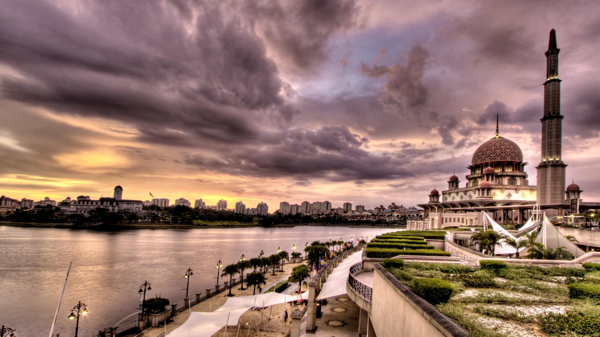 Moschea al tramonto sul fiume, 1920x1080 Full HD, Desktop