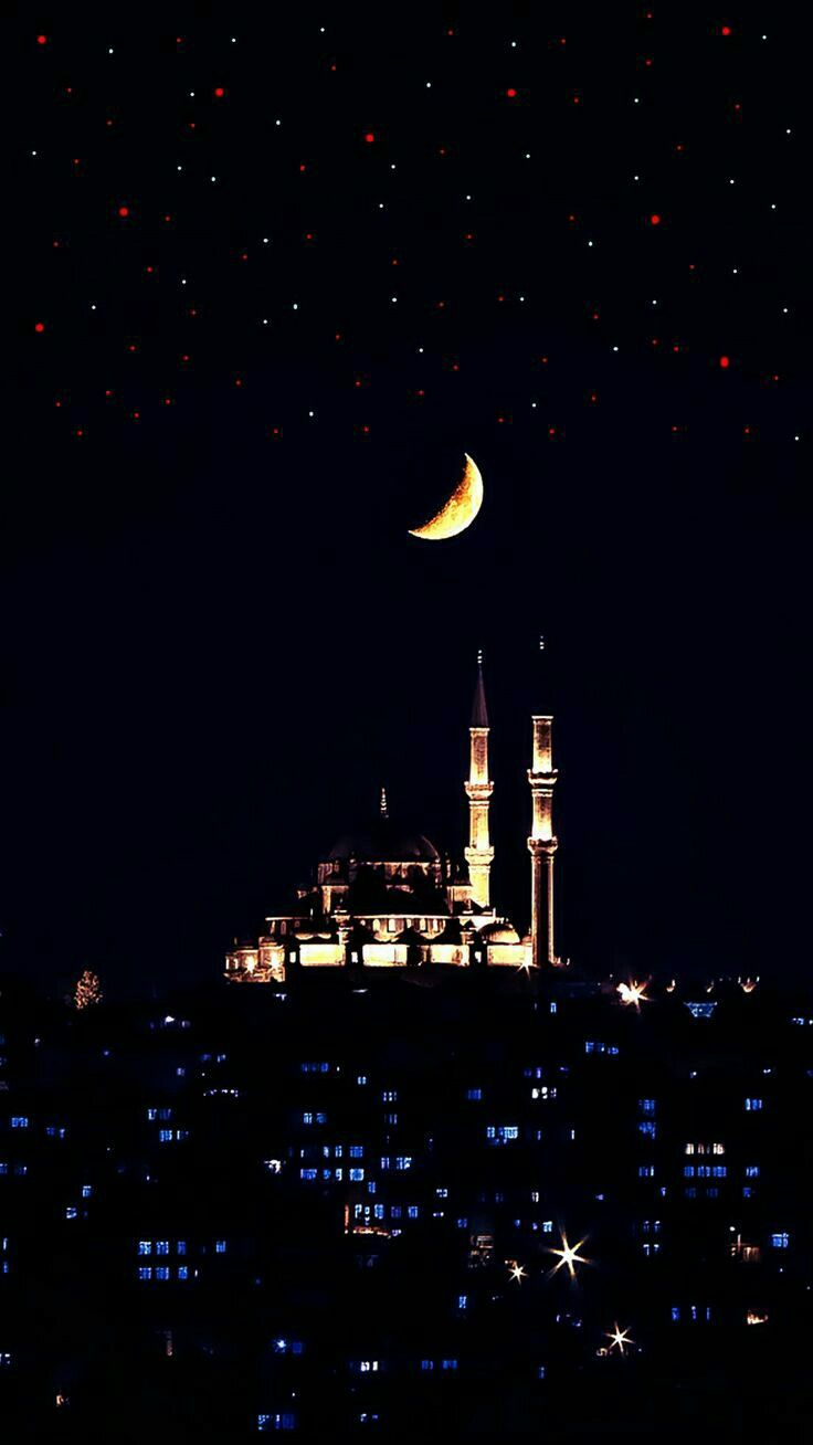 Moschea notturna con luna crescente, 736x1308 Verticale, Telefono