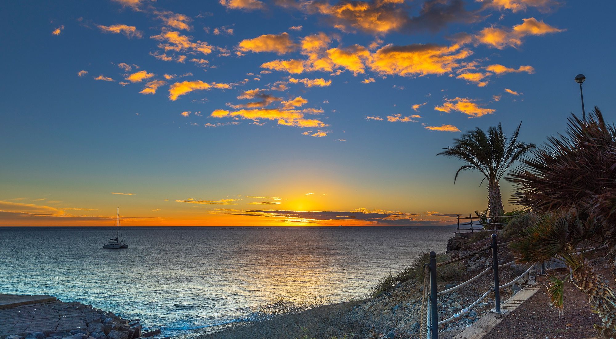 Tramonto sulla costa, palme, 2000x1100 Hi-Res, Desktop