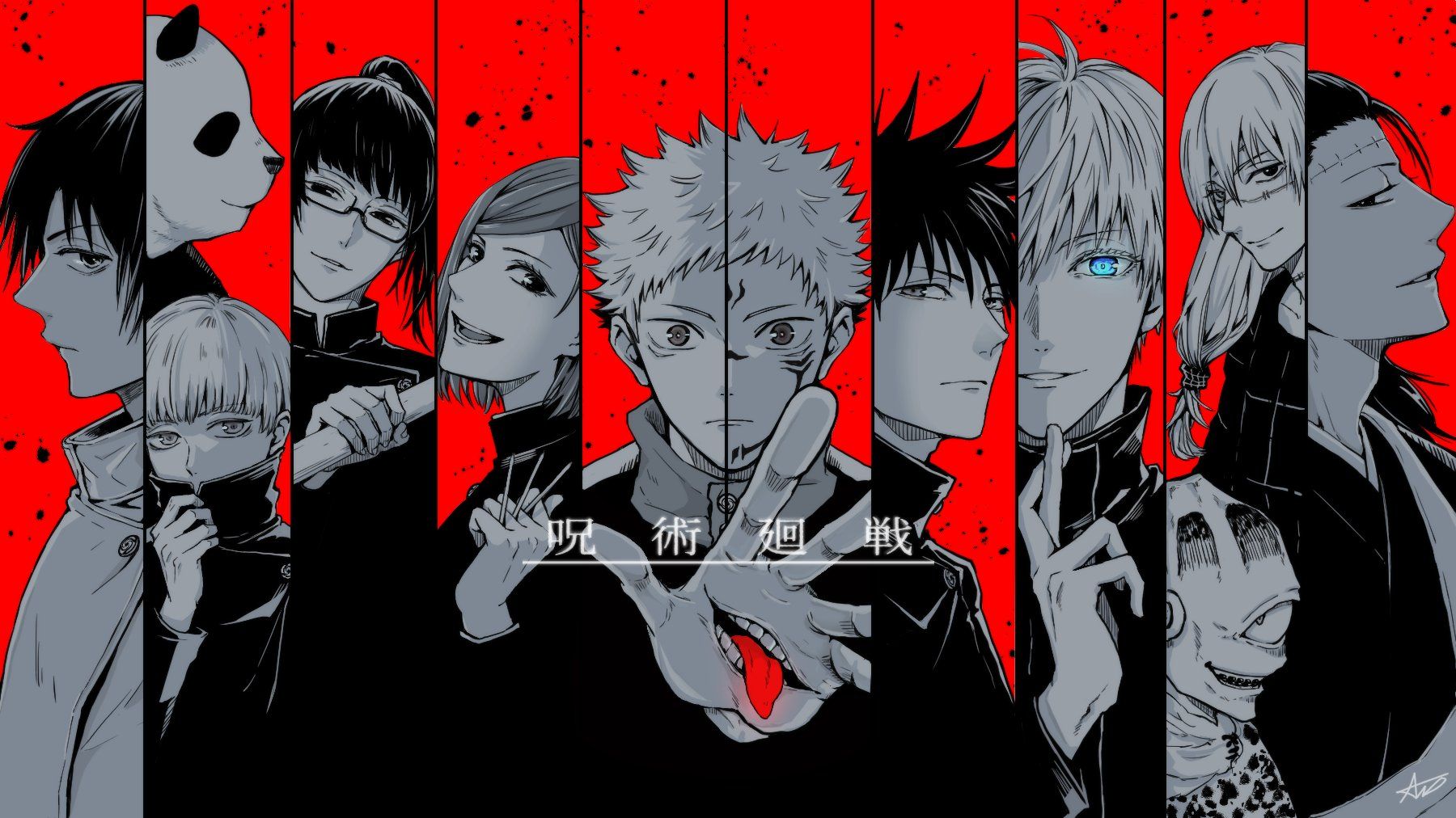 Personaggi Jujutsu Kaisen sfondo rosso, 1800x1012 HD, Desktop