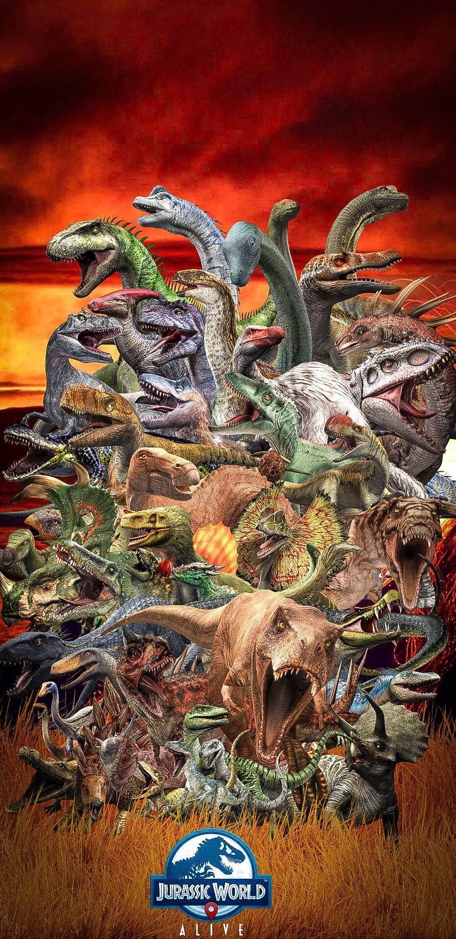 Jurassic World Alive dinosauri collage, 932x1916 Verticale, Mobile