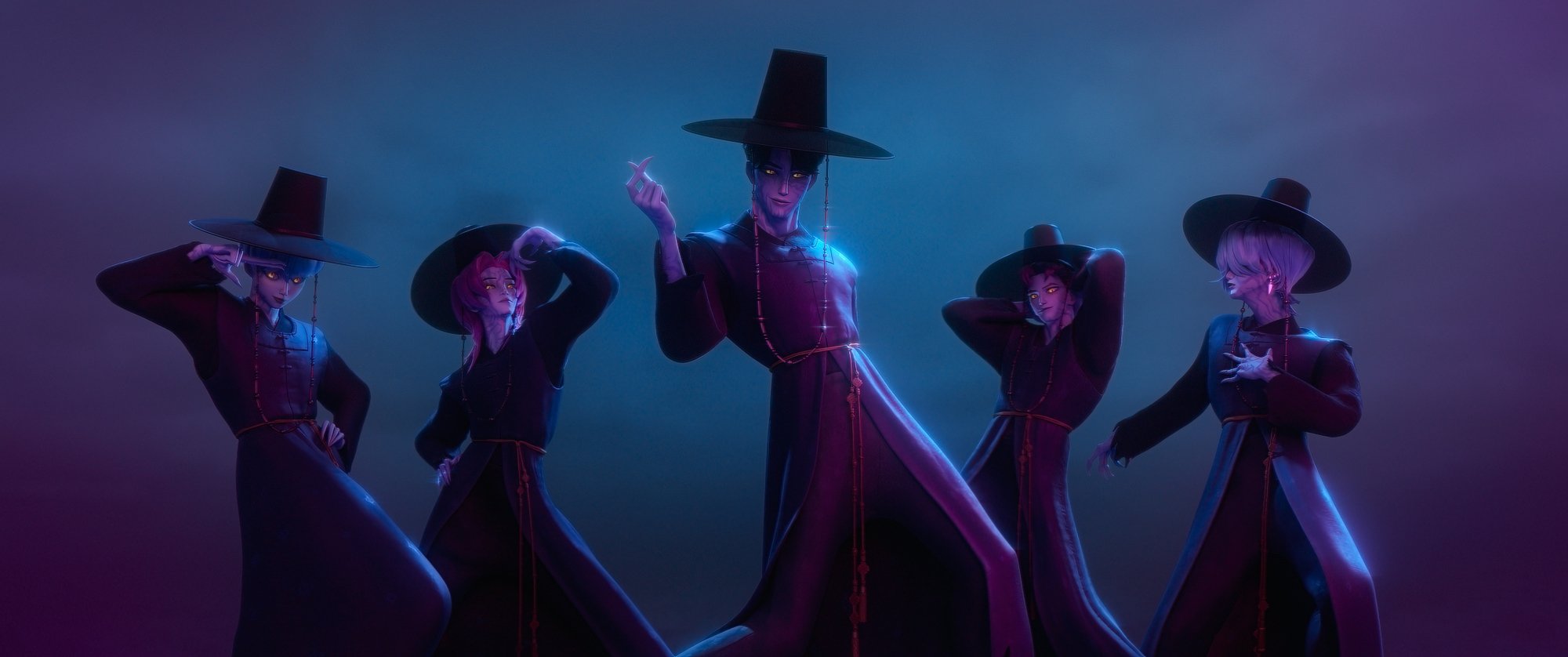 K-pop Demon Hunters personaggi neon, 2000x838 21:9, iMac