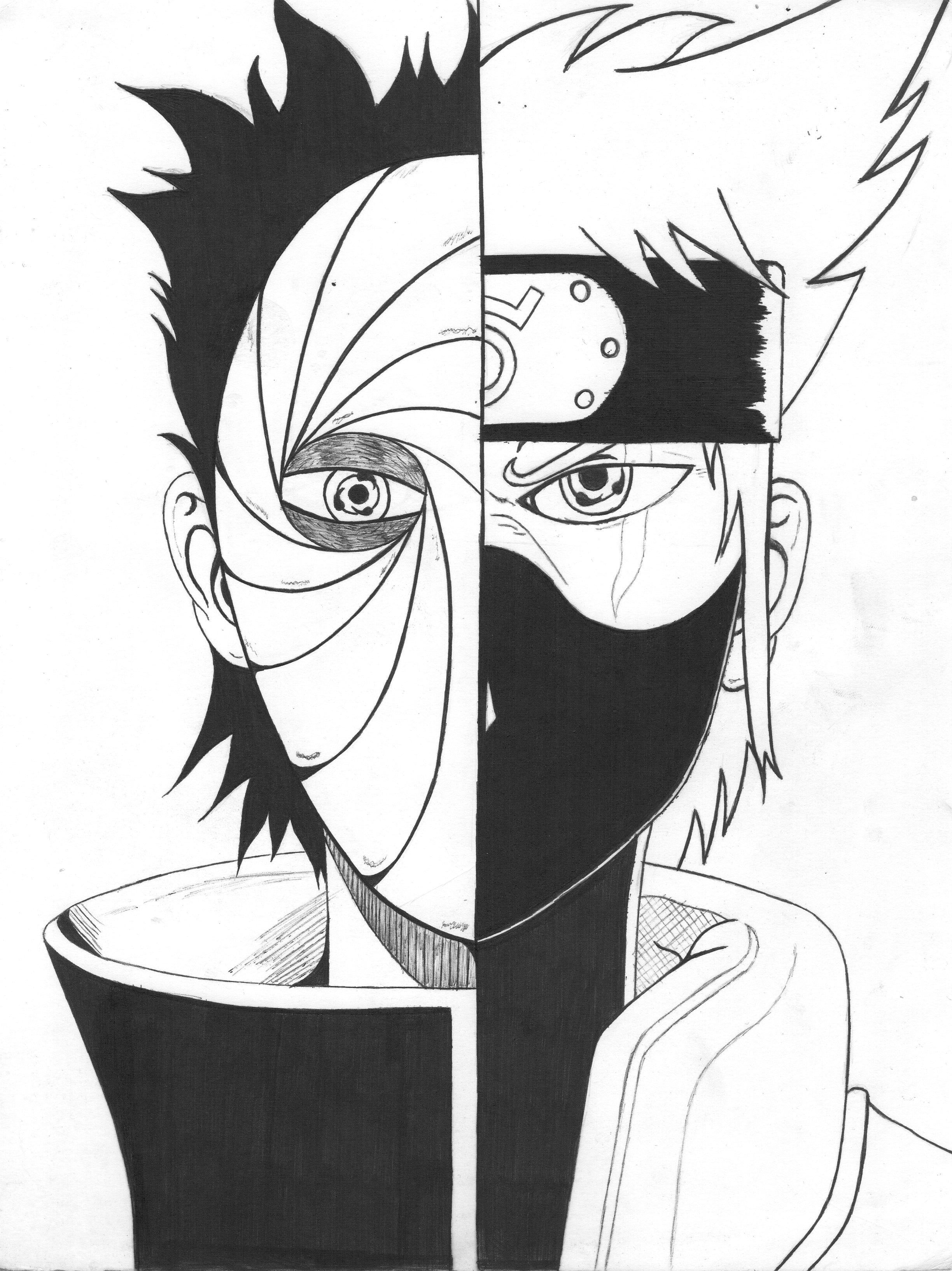 Kakashi e Obito, disegno bianco e nero, Naruto, 2448x3269 Verticale, Mobile