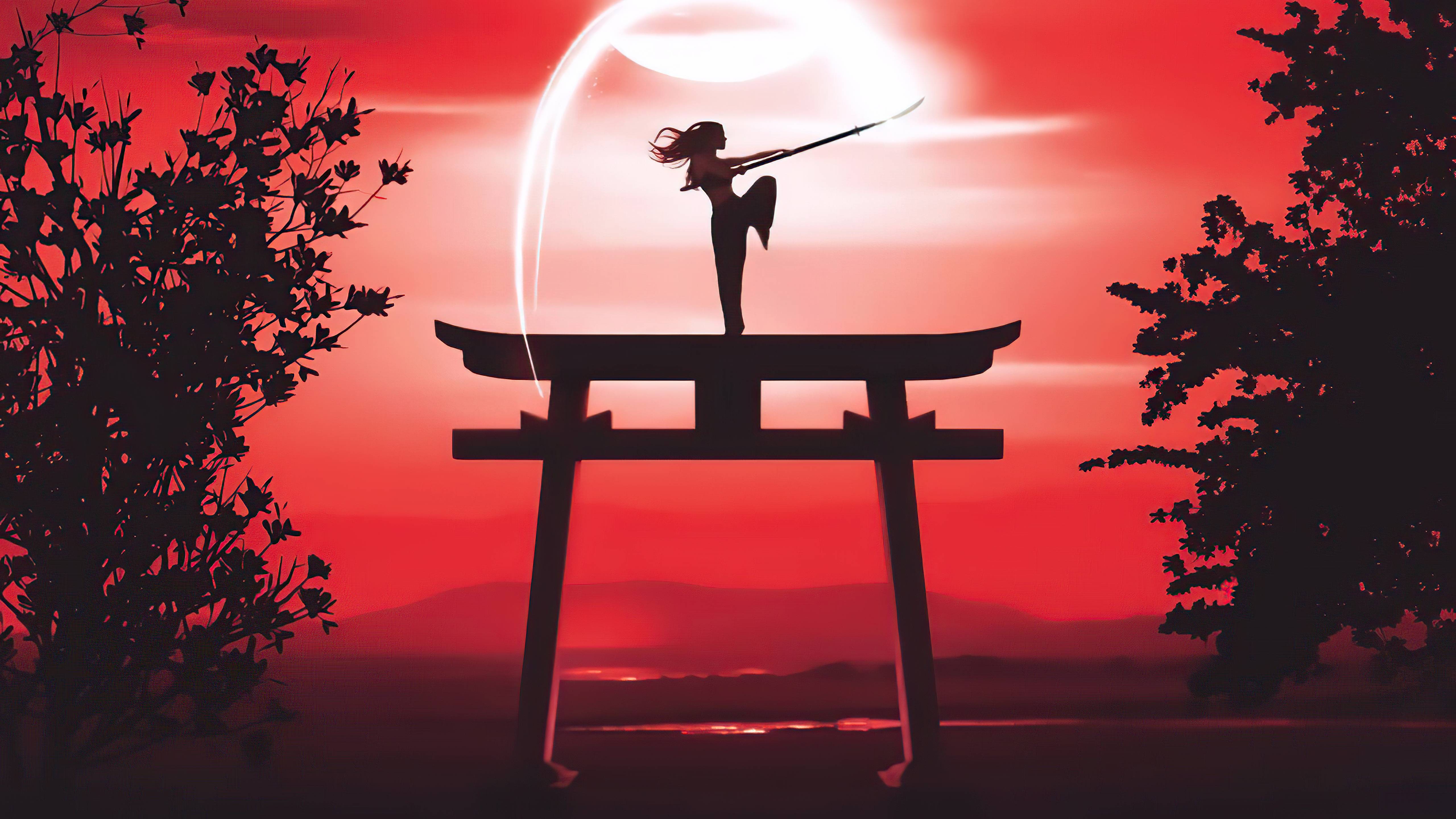 Silhouette karate su torii rosso, 5120x2880 Ultra HD, 4K TV