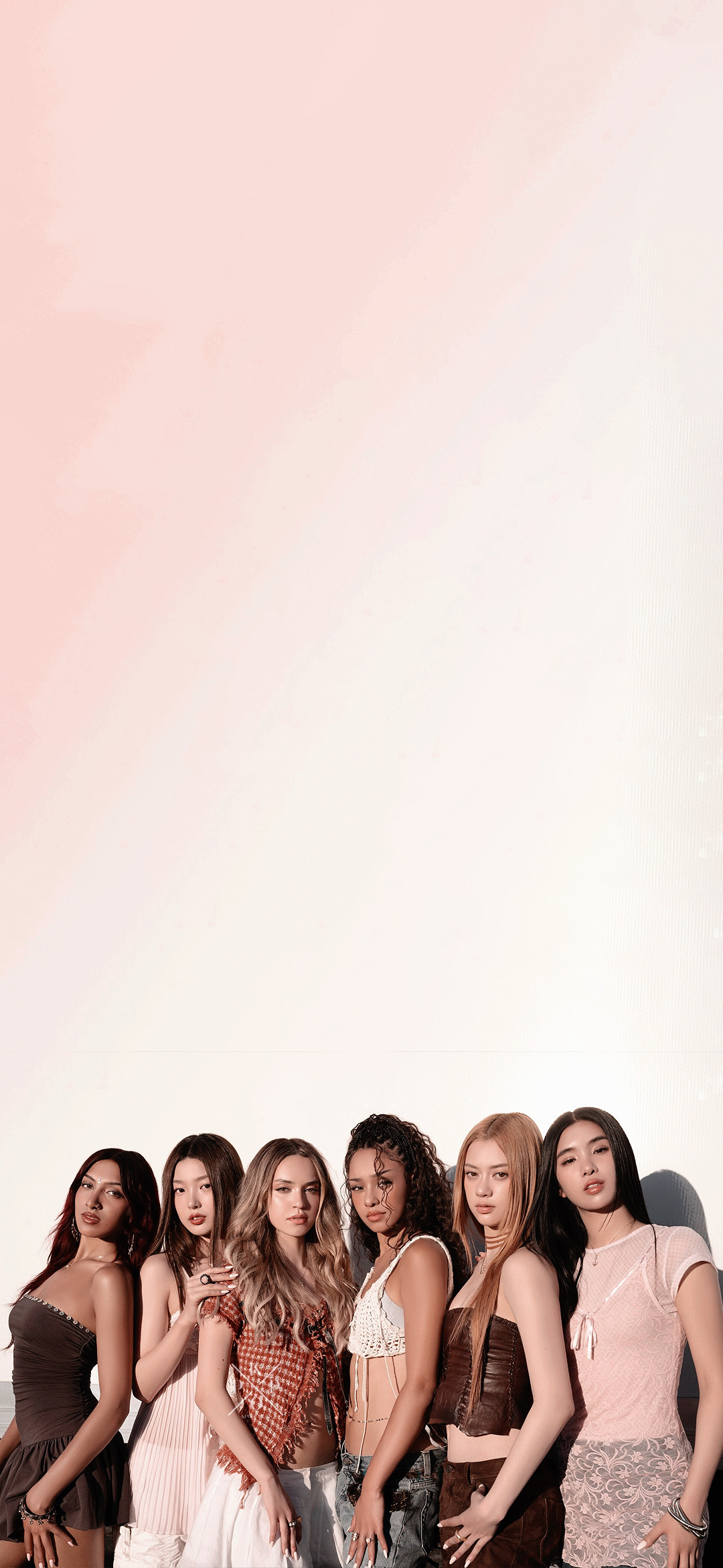 Gruppo KATSEYE, sfondo rosa, 1080x2340 Verticale, Mobile