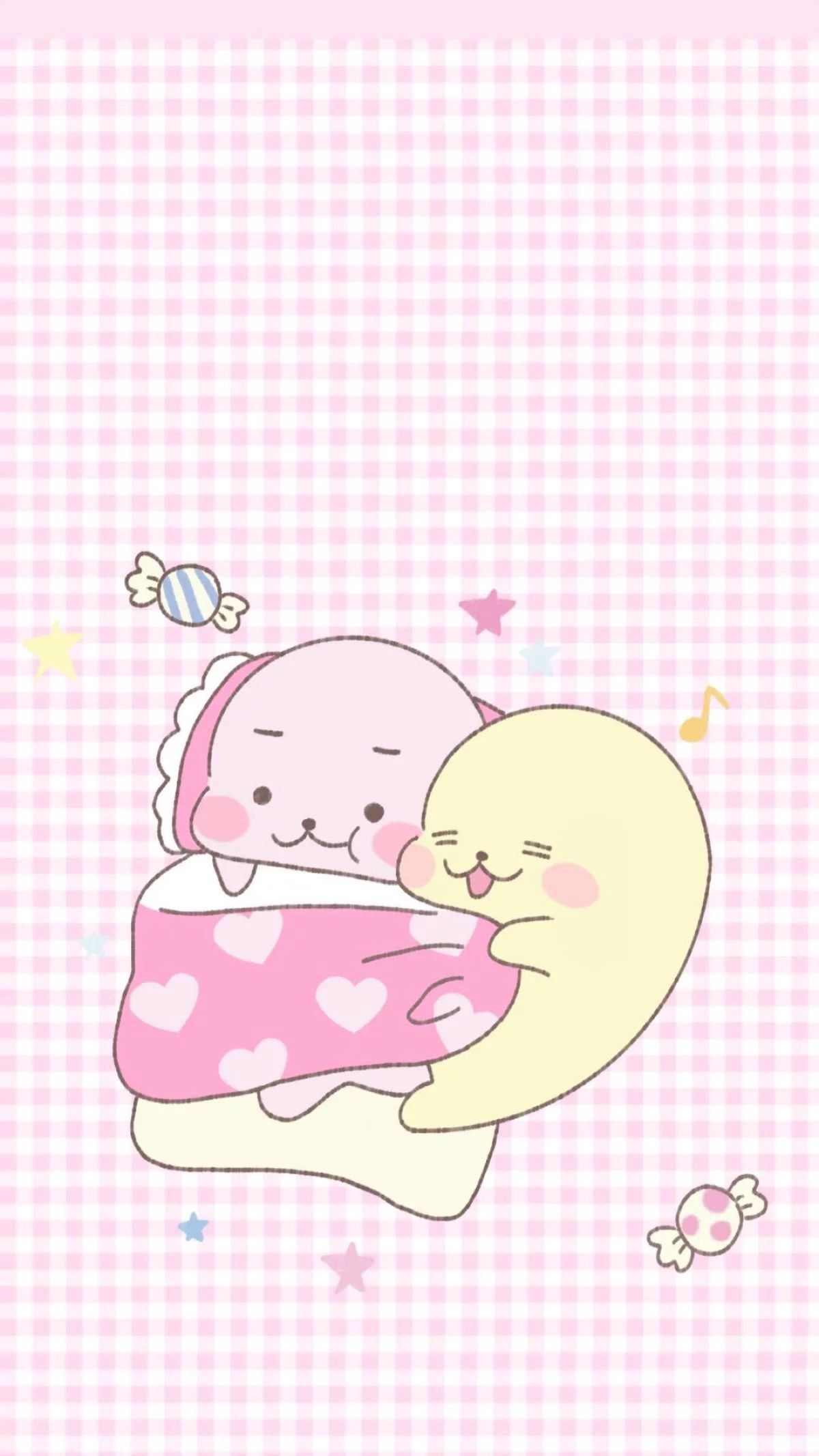 Personaggi kawaii rosa gialli abbraccio, 1200x2133 Verticale, iPhone Air