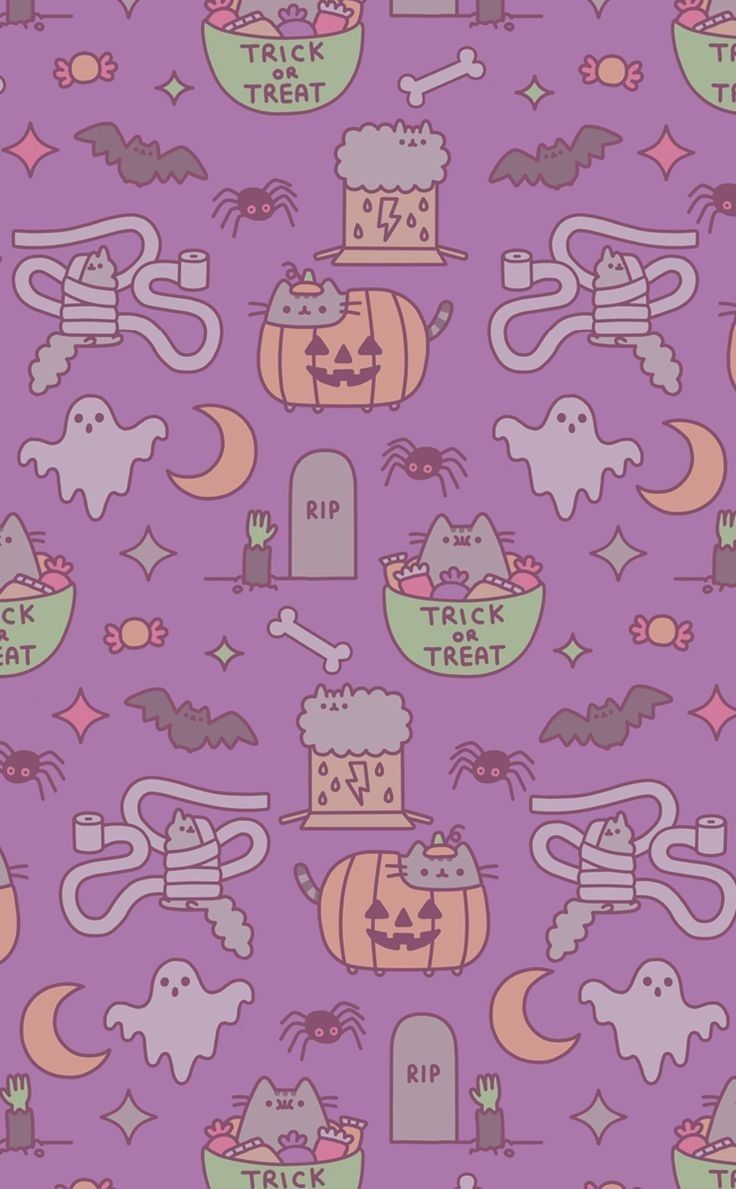 Gatto kawaii Halloween pattern viola, 736x1189 Full HD Verticale, iPhone