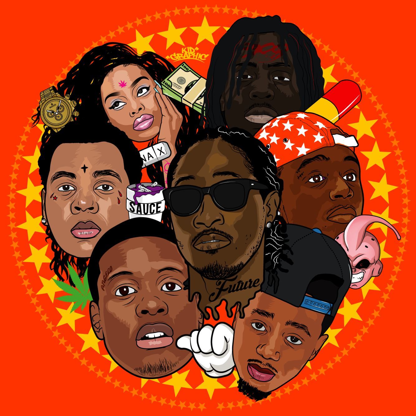 Volti rapper cartoon sfondo arancione, 1334x1334 HD, Desktop