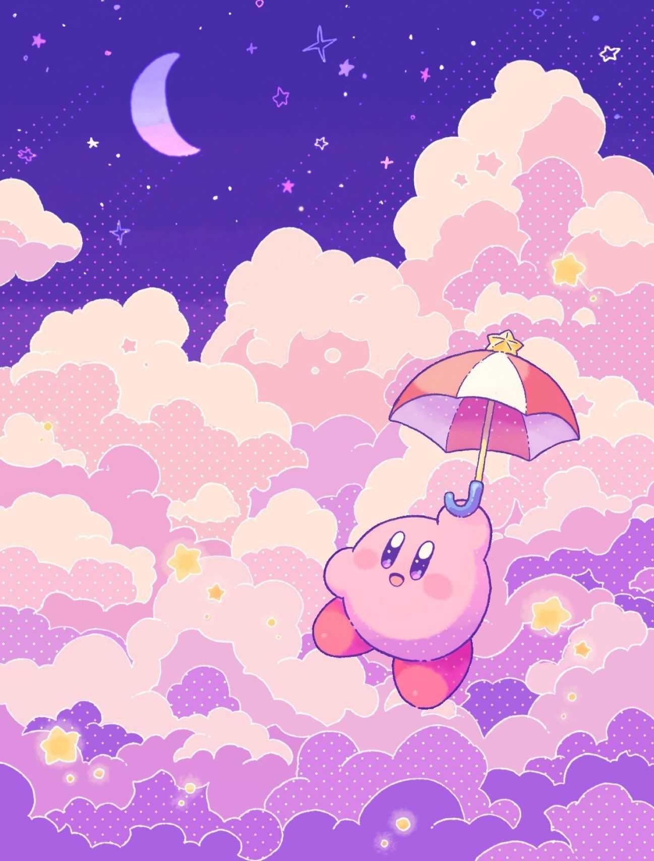 Kirby con ombrello tra nuvole, 1297x1708 Verticale, Mobile