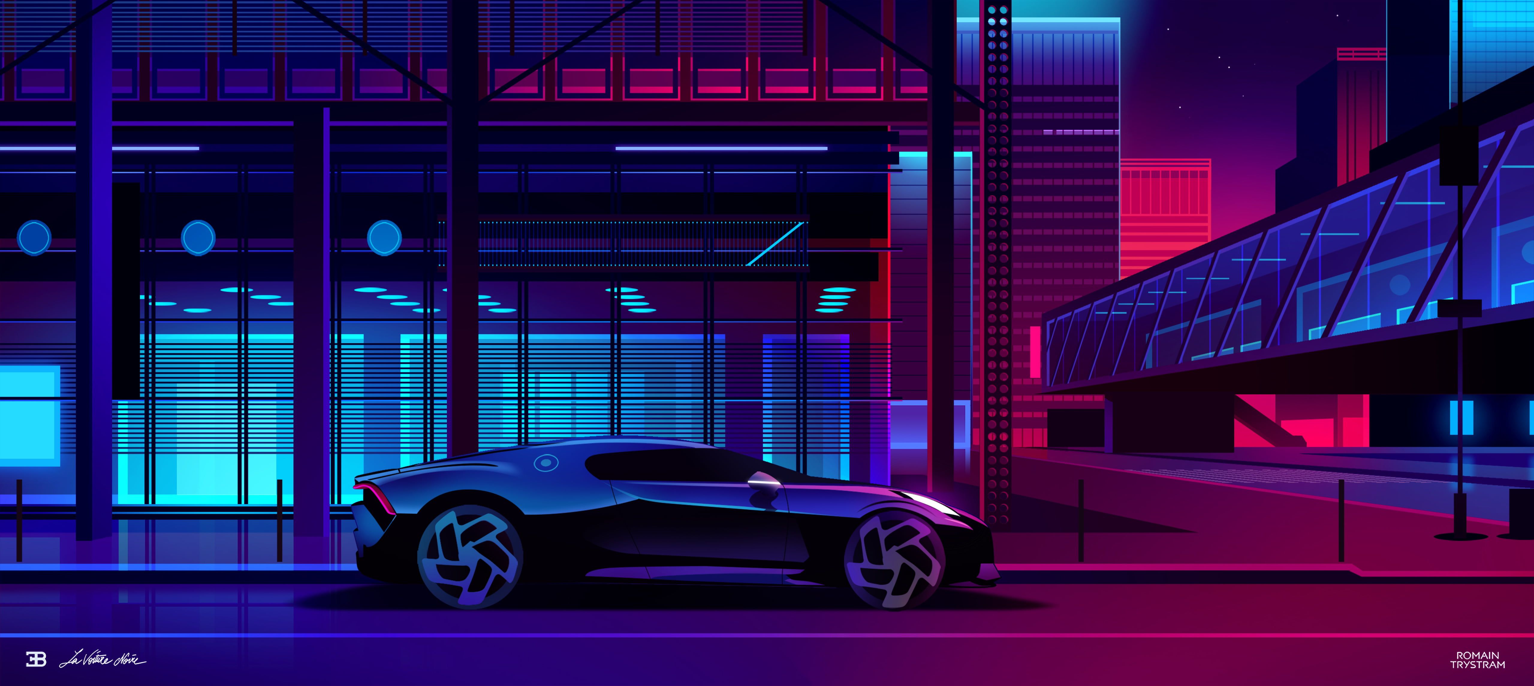 Auto sportiva nera, città neon, 5118x2289 21:9, Ultrawide
