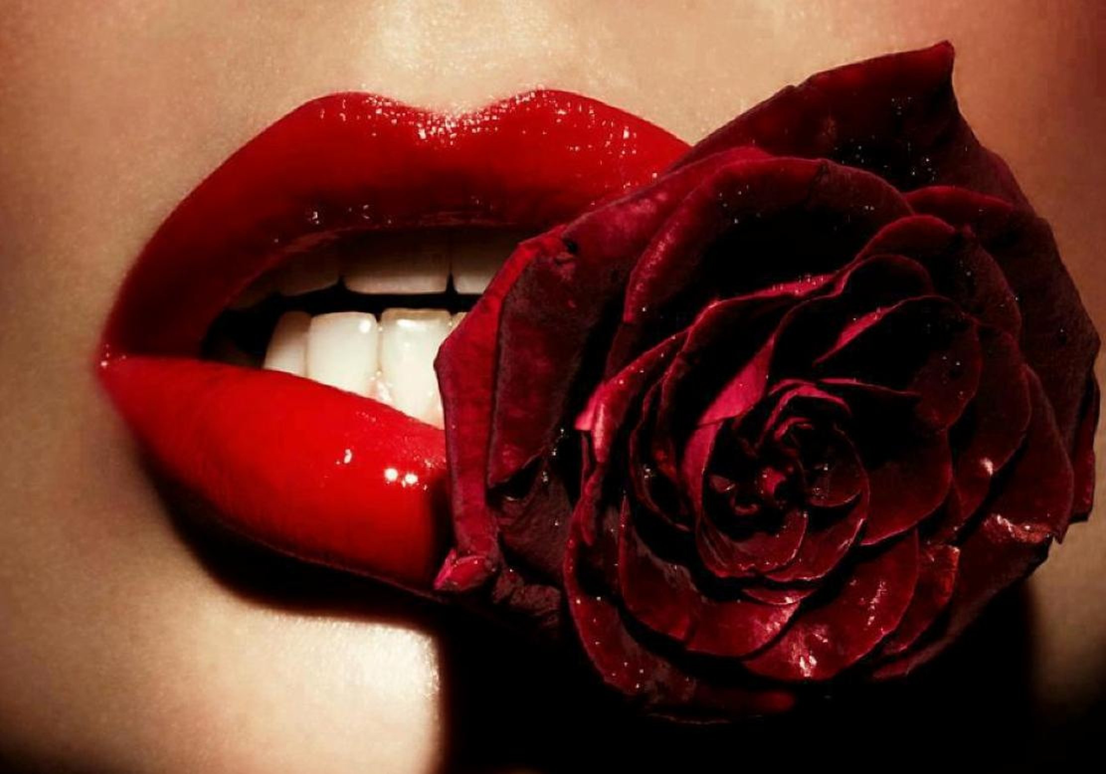Labbra rosse con rosa, 2224x1556 alta risoluzione, Desktop