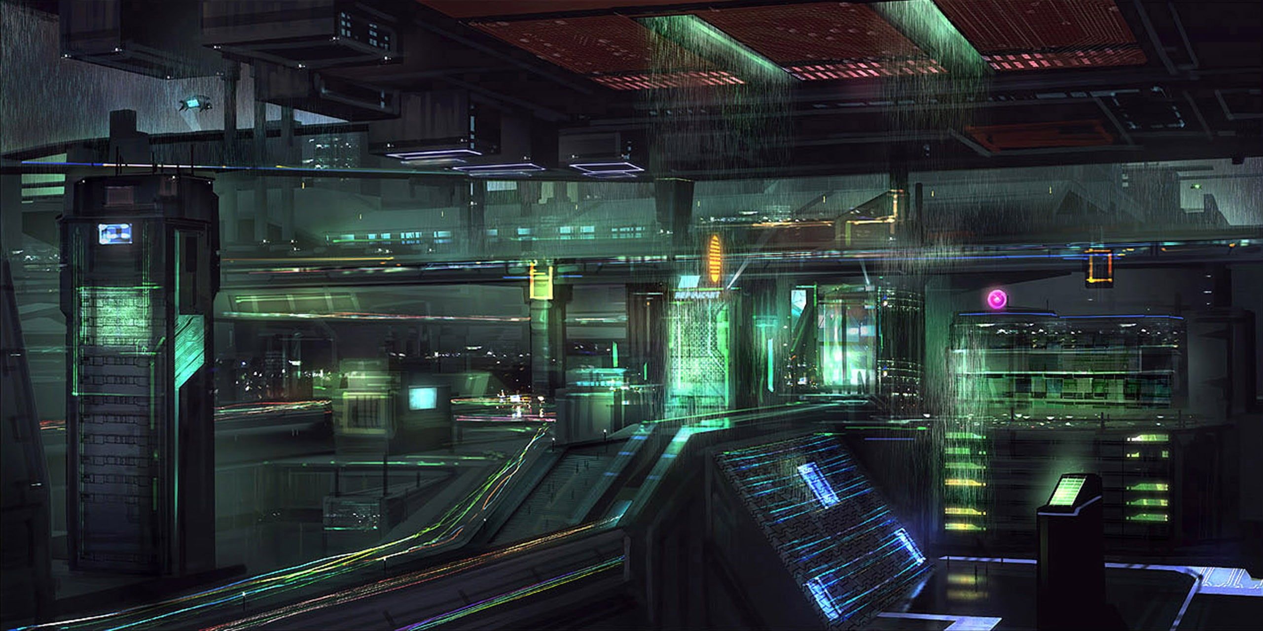 Laboratorio cyberpunk futuristico verde, 2561x1281 QHD, Monitor Gaming